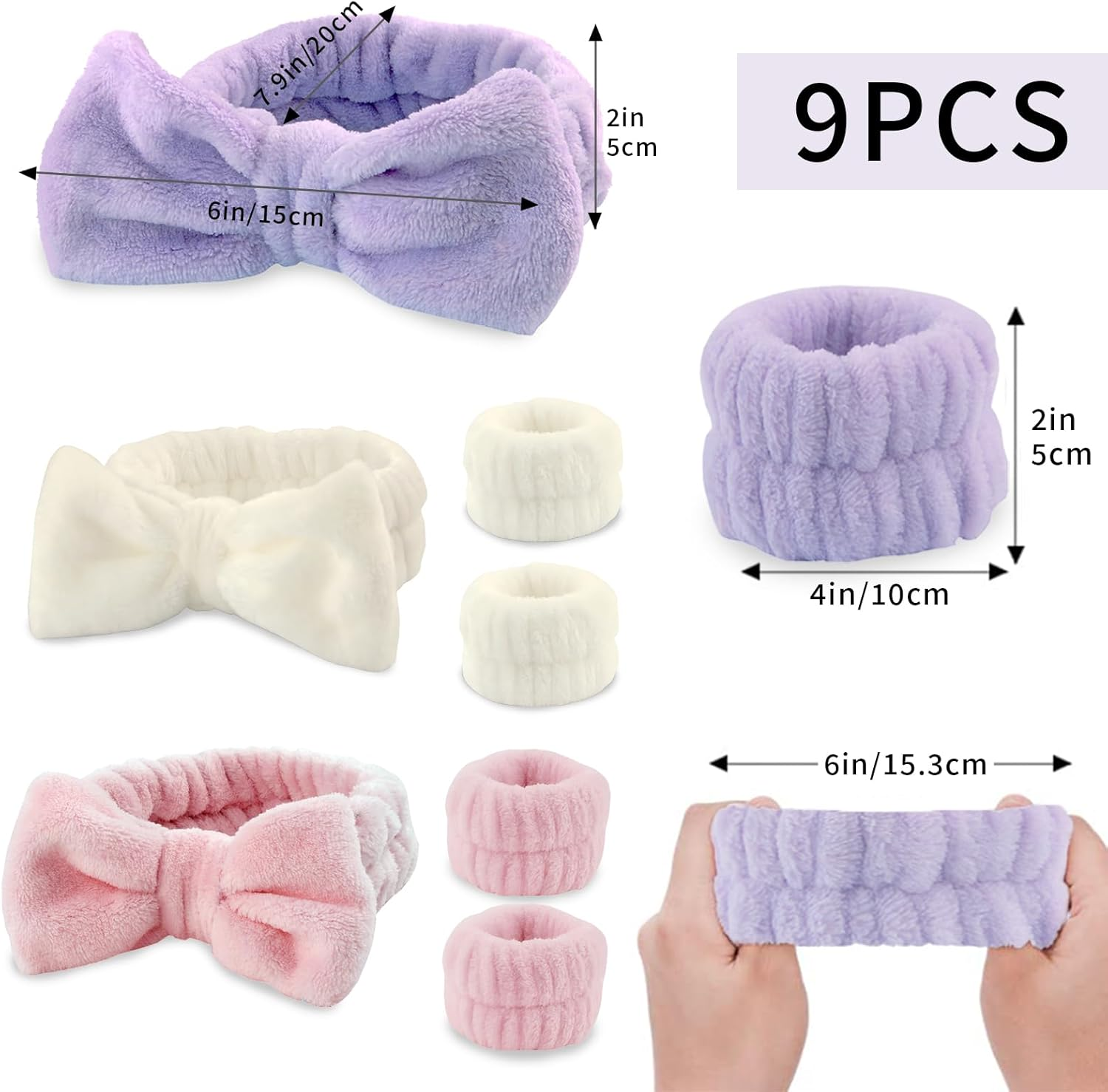 9 Pcs Skincare Headband, Soft Facial Makeup Hairband Wrist Bands for Face Washing SPA Shower Makeup Headband Wristbands
