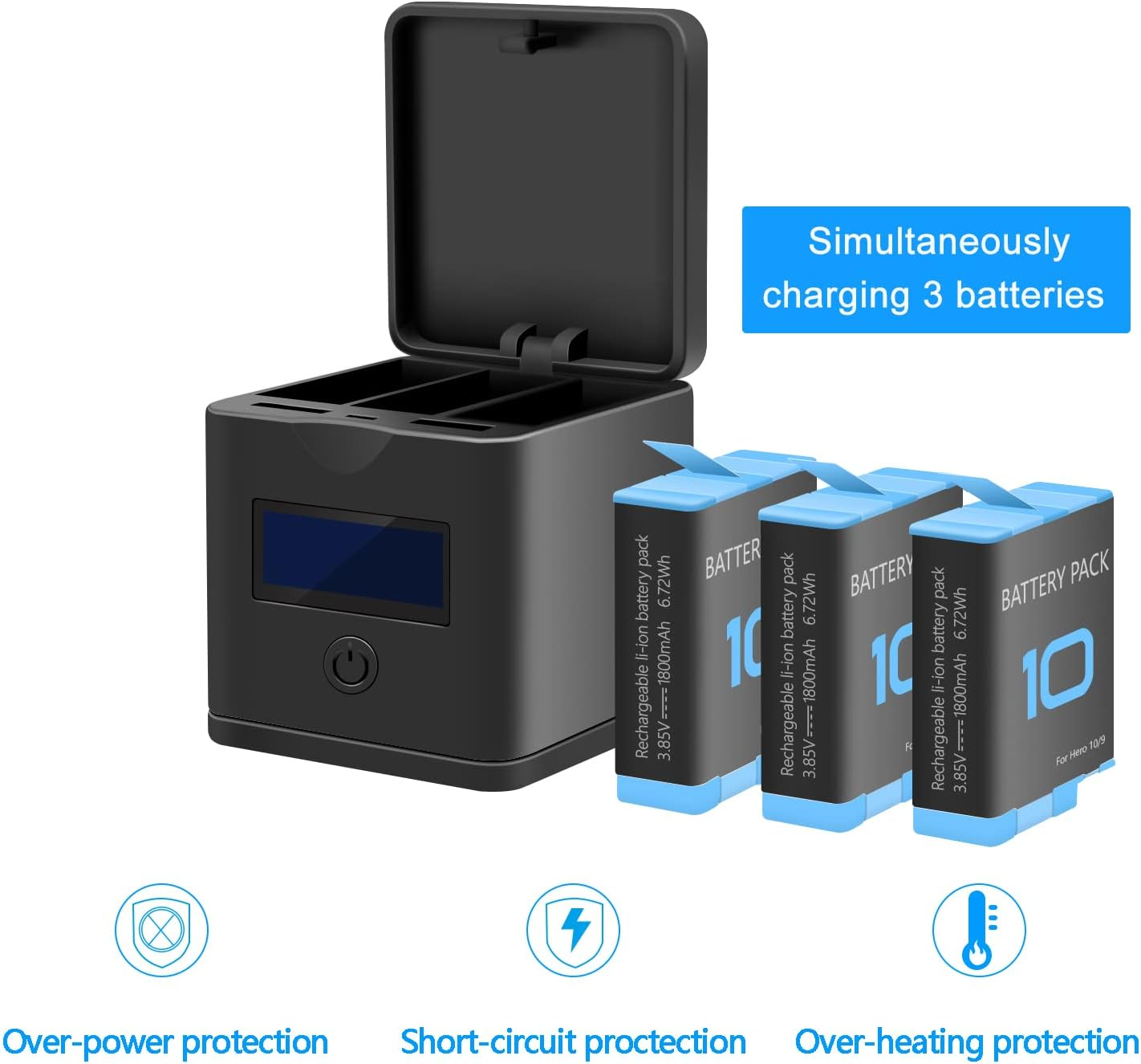 Suptig Battery Charger Compatible for Gopro Hero 12, Hero 11, Hero 10, Hero 9, 3-Channel Battery Charger Station image number 4