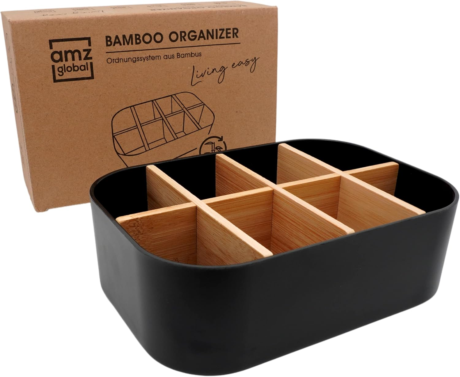 Premium ECO Bamboo Organiser for Cosmetics, Desk, Kitchen, Bathroom, Bar Accessories and Household, 8 Compartments, Non-Slip, Multifunctional, No Plastic