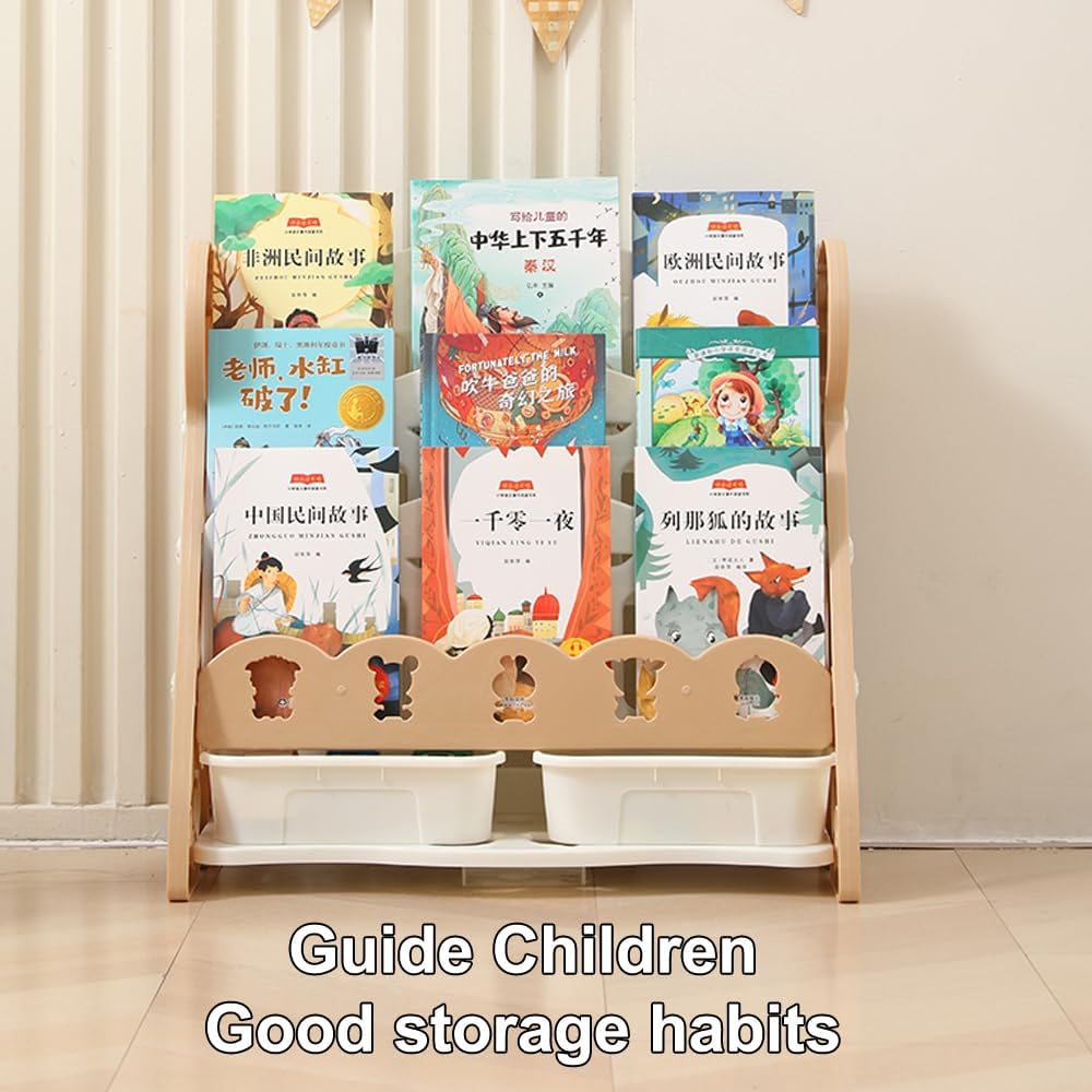 Kids Bookshelf Bookcases - 4-Tier Storage with 2 Bins, Rotating Display Shelf for Home, Living Room, Bedroom & Kindergarten - Safe Rounded Edges Child-Friendly Furniture image number 6