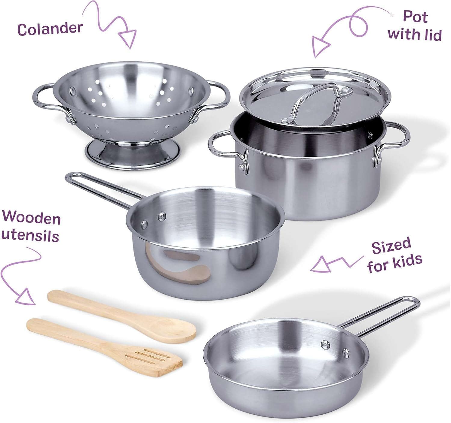 Melissa & Doug Stainless Steel Pots & Pans Pretend Play Kitchen Set &ndash; 8-Piece Cookware & Rack &ndash; Ages 3+ image number 6