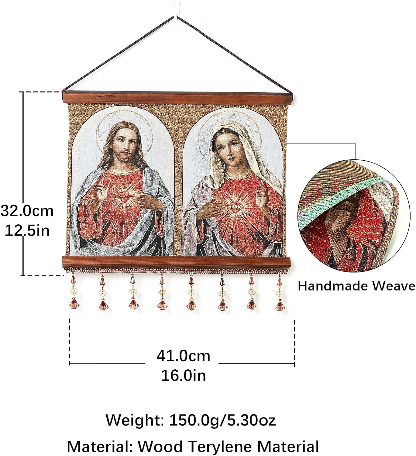 HZMAN Jesus and Virgin Mary Painting Retro Handmade Weave Wall Art Decor Sacred Heart Aesthetic Picture for Living Room Bedroom Wood Framed 16X12.5 Inch - Holy Family-1 image number 4