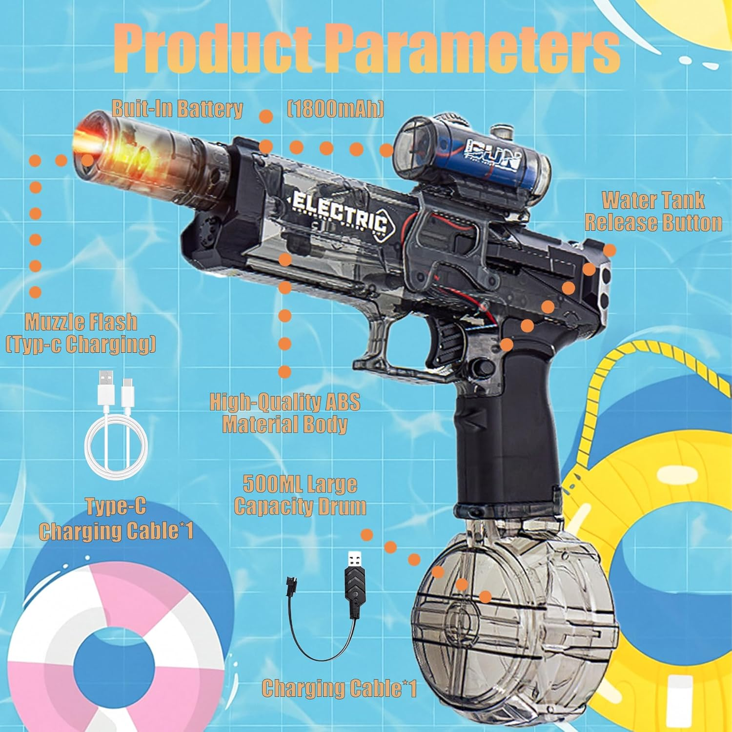 Wakouter Electric Water Gun for Adults Kids, Long Range Automatic Squirt Watergun, with Realistic Guns Muzzle Flame Rechargeable Automatic Watergun Swimming Toys for Summer Pool Beach Party (Black) - Red image number 7