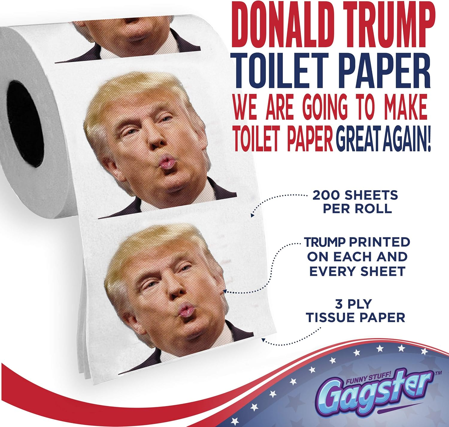 Donald Trump Toilet Paper Roll - Funny Novelty Gag Democrats and Republicans - 3 Ply Toilet Tissue 200 Full-Color Image Sheets in Each Roll | Hilarious Political White Elephant Gift Idea - Trump Black  White image number 2