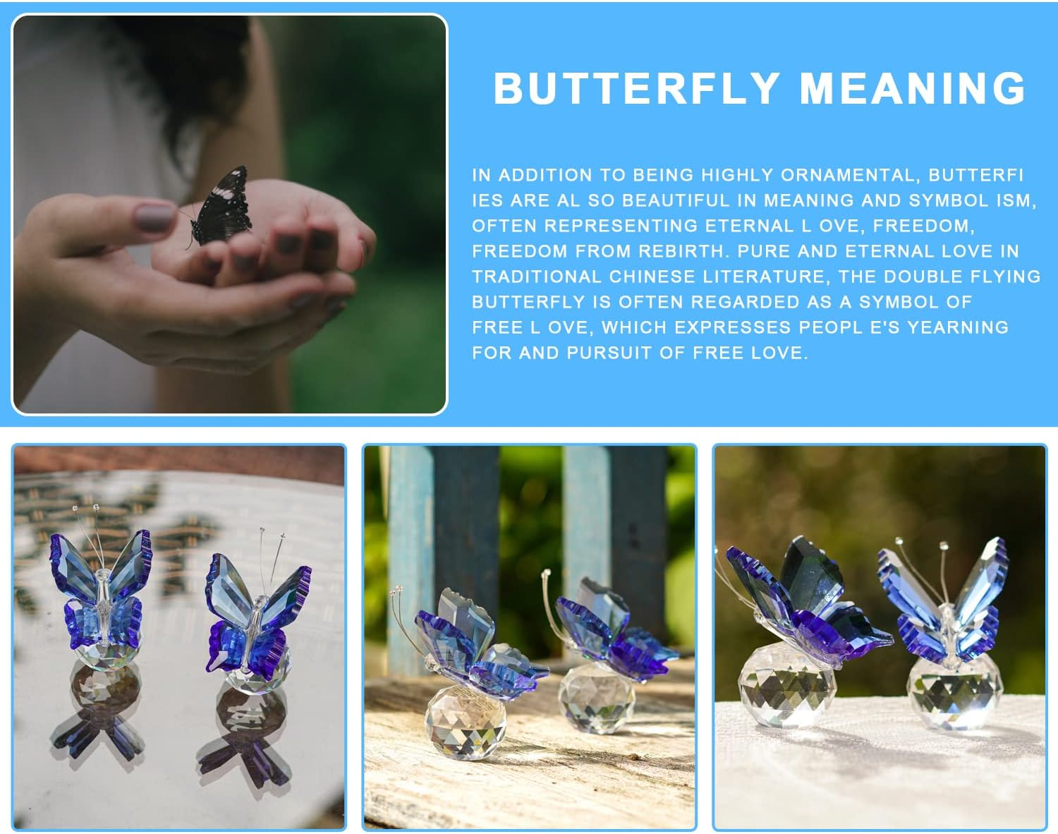 Kanpura Crystal Butterfly Figurines,Crystals Blue Butterflies Collectibles,Glass Animal Figurines for Home Wedding Decoration,Collection Gifts for Women (Pack of 2) - Blue image number 3