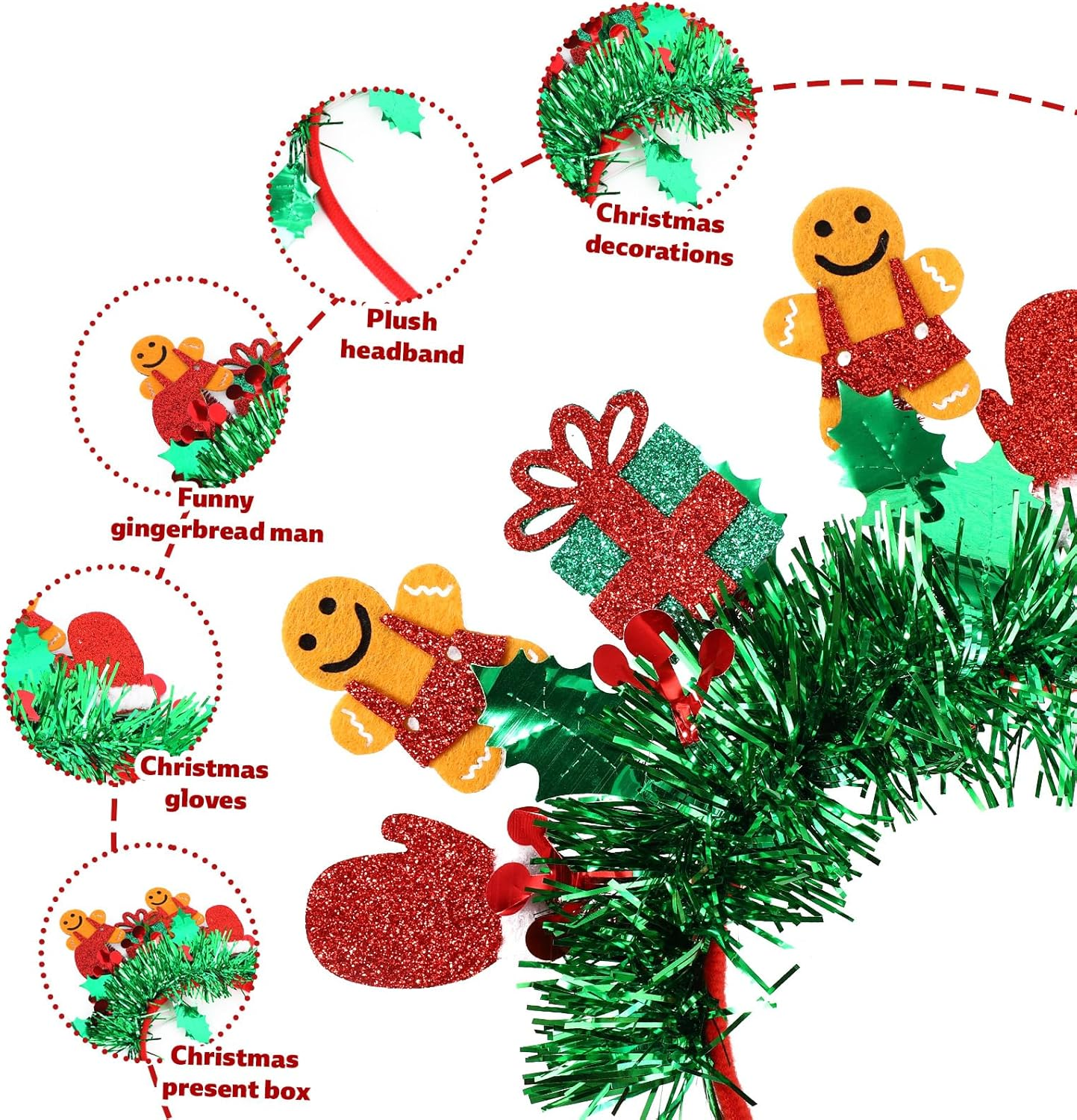 Christmas Gingerbread Man Headband, Adorable Glitter Green Tassel Gingerbread Man Christmas Headband Funny Festival Headdress Accessories for Women image number 3