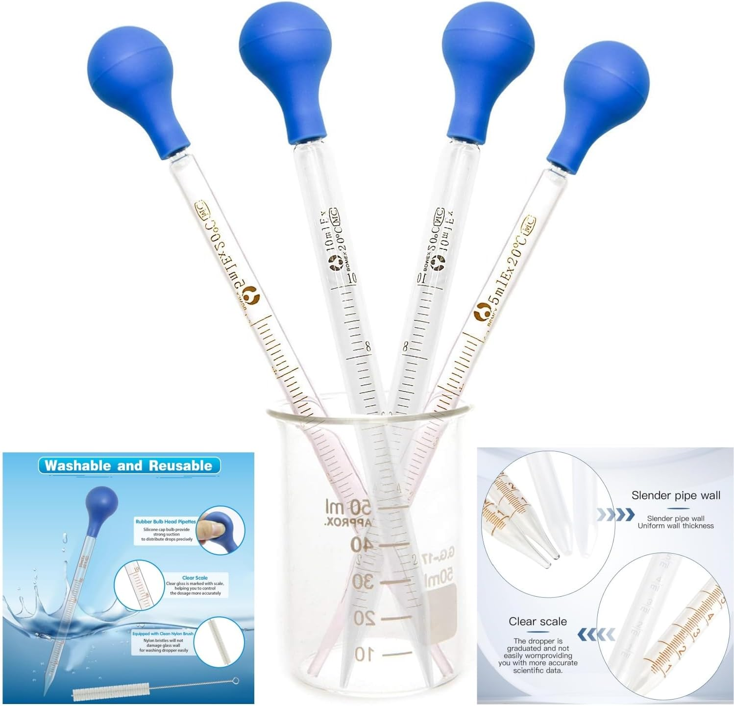 Beiqilian 6 Pieces Glass Pipettes Graduated Dropper, 5Ml/10Ml Glass Pipettes Graduated Dropper,Long Glass Pipette Dropper with 6 Rubber Caps and 1 Pcs Droppers Brush,Used to Transfer Liquids image number 4