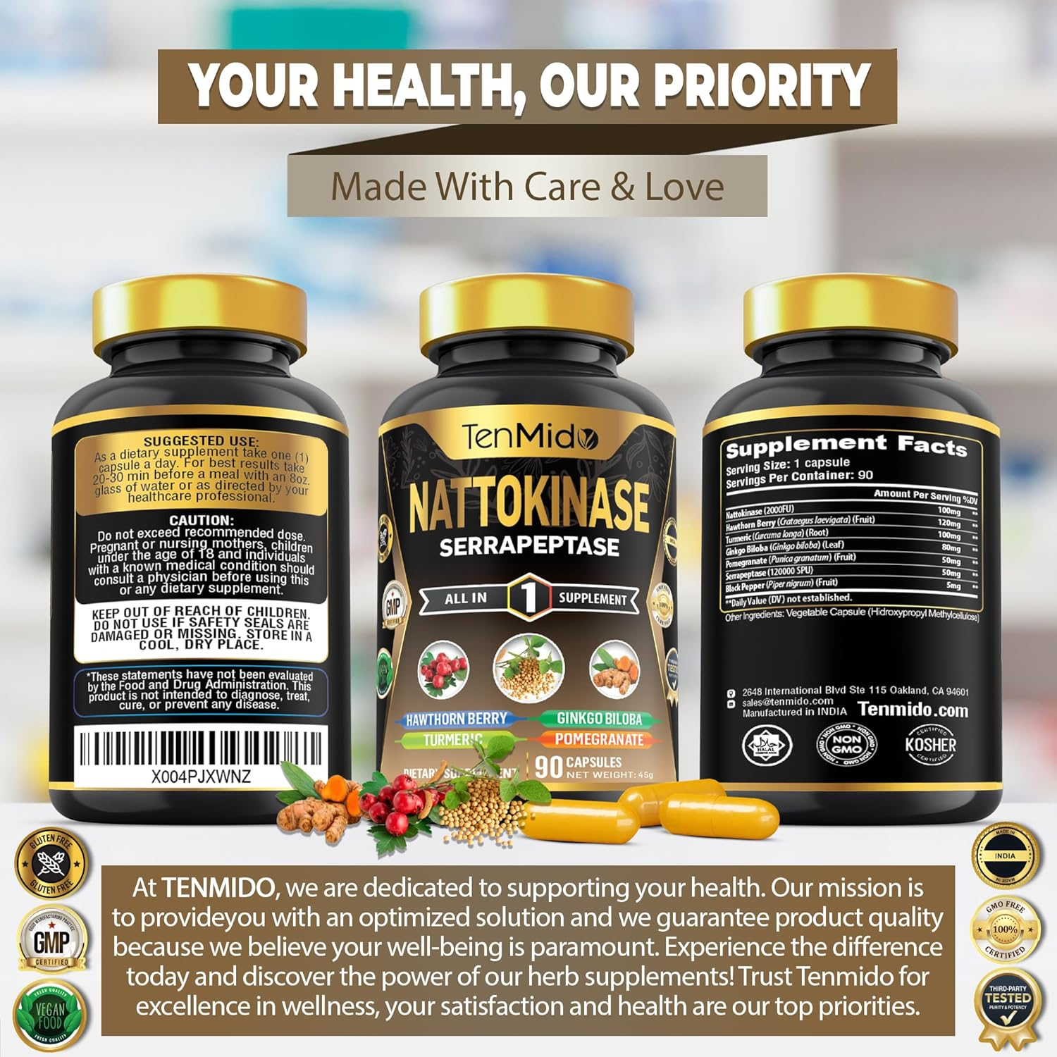 Tenmido Nattokinase Supplements - 7In1 with Hawthorn Berry, Turmeric, Ginkgo Biloba, Pomegranate, Serrapeptase & Black Pepper - 90 Vegan & Non-Gmo Capsules