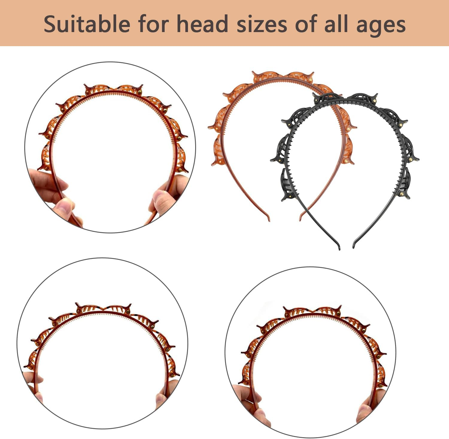Amexo 4 Pieces Headband with Clips, Double Bangs Hairstyle Hairpin Clip Headband Twister Headbands for Women Girls (Black, Brown) image number 6