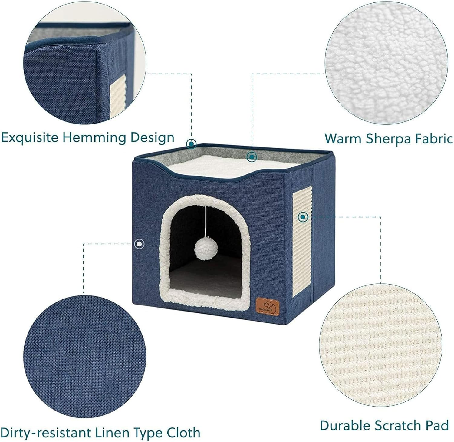 Agility Cat Bed for Indoor Large Cave with Fluffy Ball Hanging & Scratch Pad, Foldable Nest 41X41X35Cm (Blue) image number 5