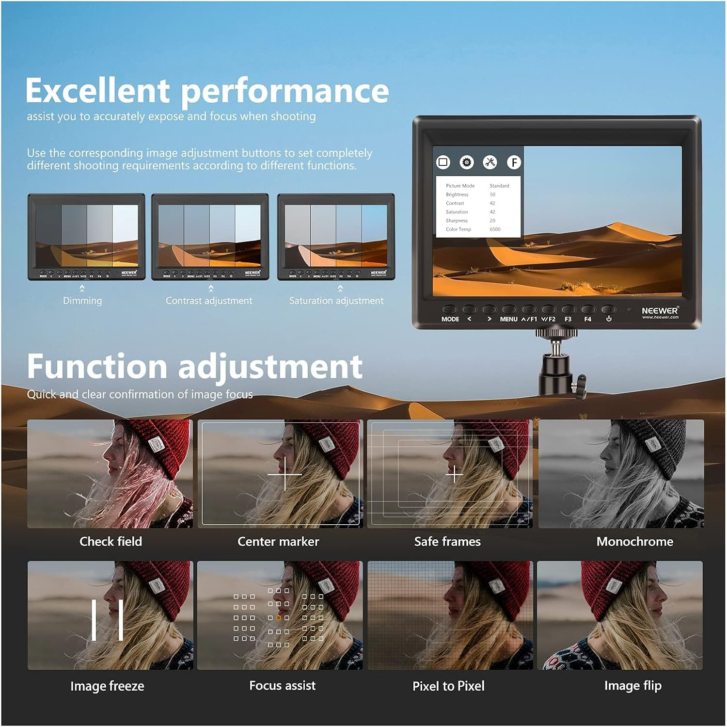 NEEWER F100 7Inch Camera Field Monitor, 450Nit HD Video Assist IPS 1280X800 HDMI Input 1080P with Peak Focus, Histogram, Sunshade for Dslrs, Handheld Stabilizer, Film Video Making Rig (NO Battery) image number 5