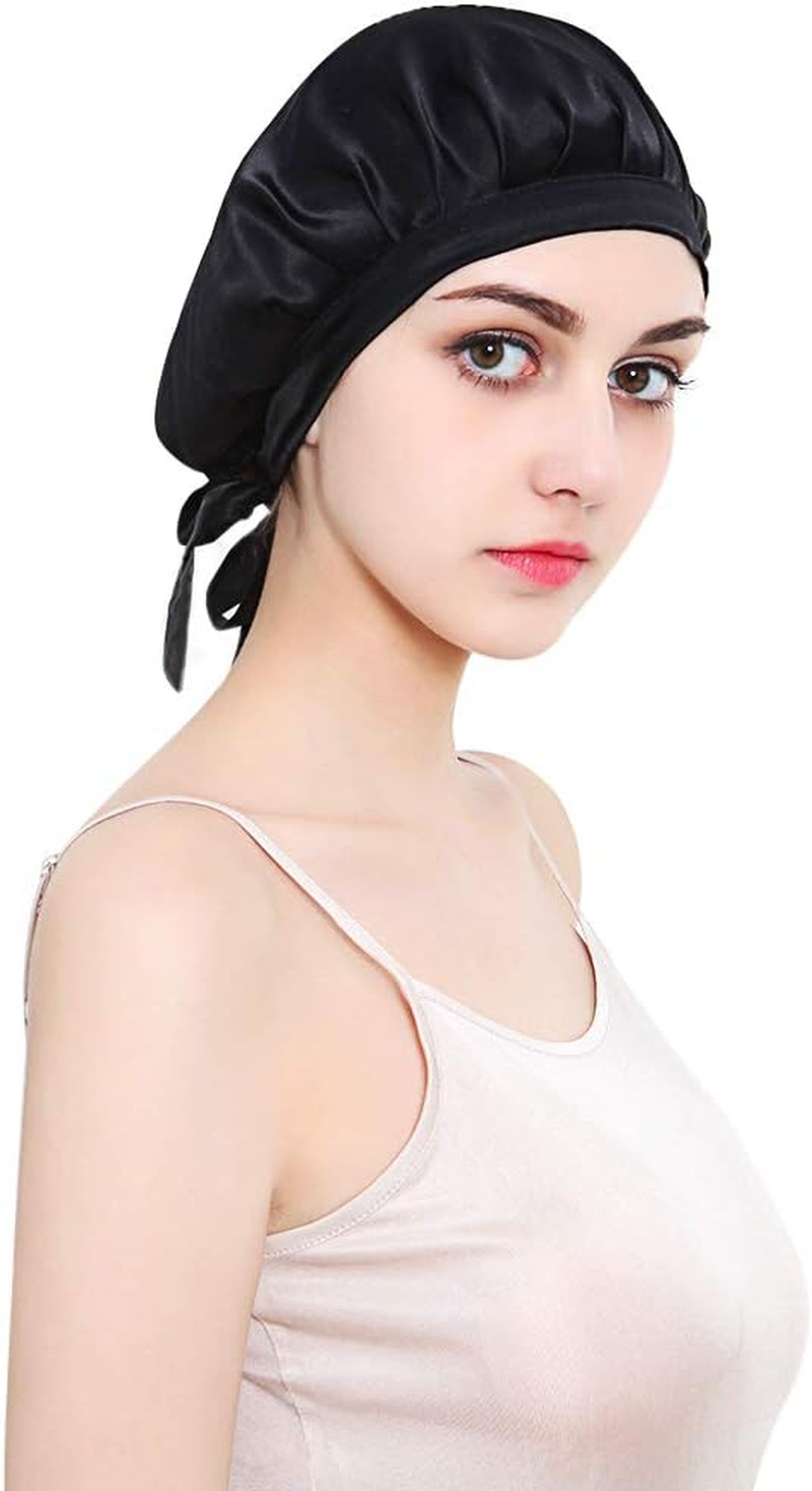 100% Mulberry Silk Night Sleep Cap, Sleeping Cap for Women Head Cover Bonnet for Hair Beauty with Elastic Band for Sleep, Hair Loss, Hair Protection (Black)