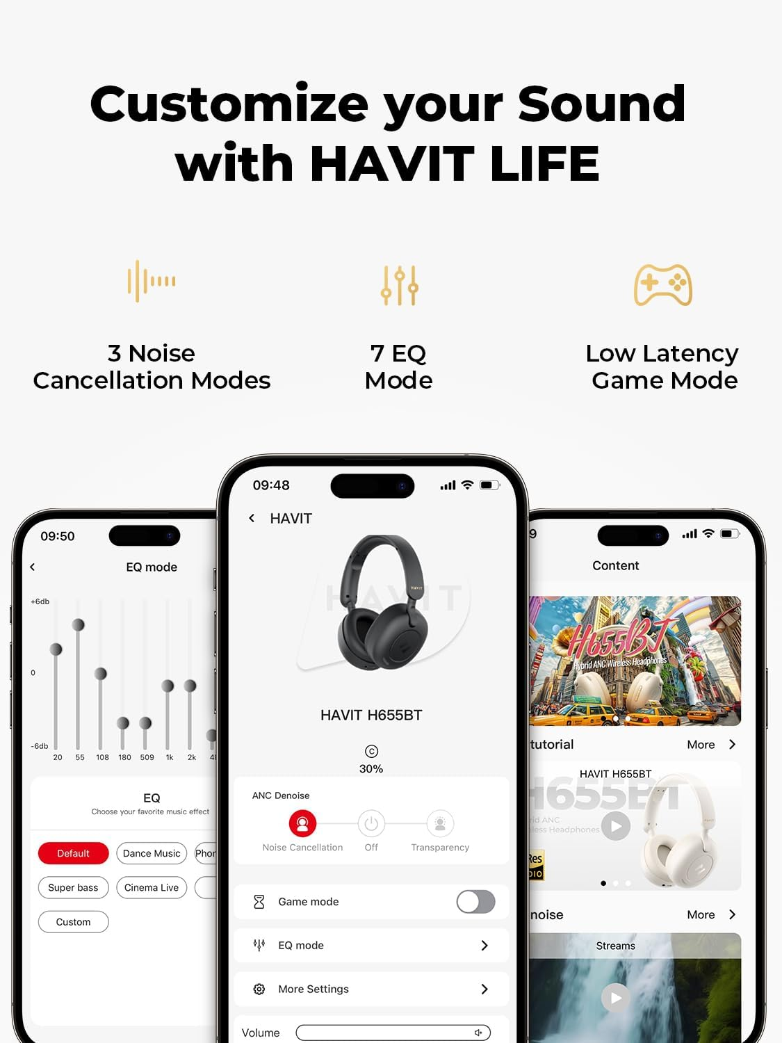 Havit Bluetooth Headphones with Hybrid Active Noise Cancellation, Hi-Res Wireless Headphones with 5 Microphone ENC, 76 Hours Playtime, Foldable over Ear Headphones Bluetooth with Deep Bass image number 4