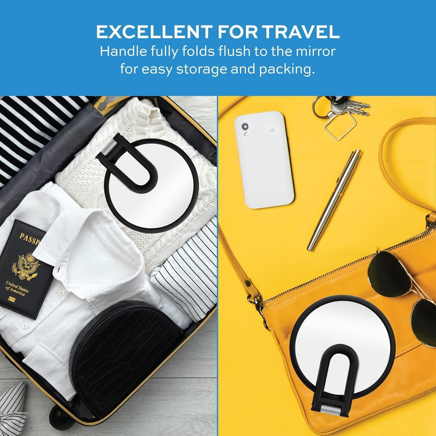 15X Magnifying Mirror, Travel Hand Mirrors with Handle, Double Side Handheld Mirror with 1X 15X Magnification & Adjustable Handle/Stand, Hand Held Foldable Travel Mirror for Makeup