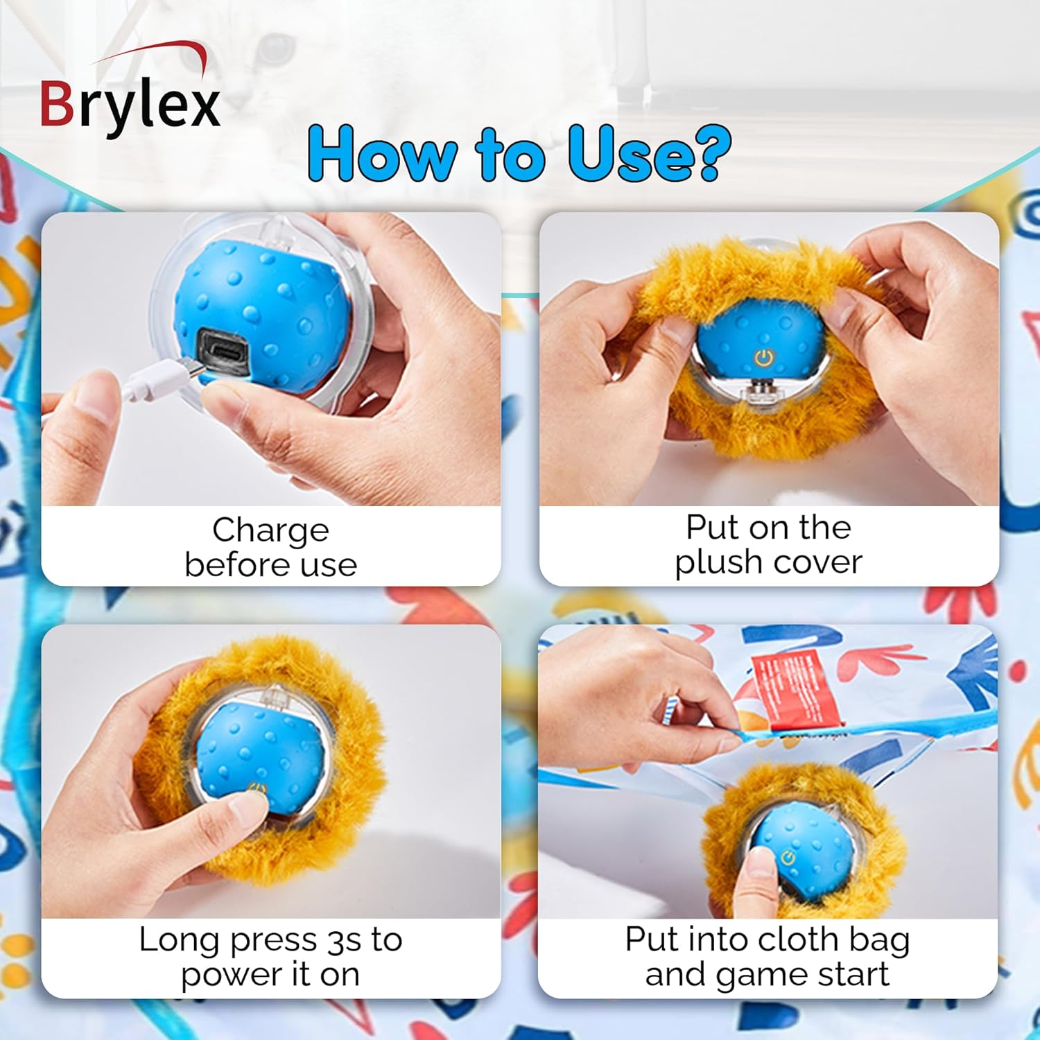 'Brylex Interactive Cat Toys, Motion-Activated Rolling Ball with Play Mat, Automatic Hide-And-Seek Game, Fast & Slow Modes, USB Rechargeable Cat Enrichment Toy, 28'' Play Mat' image number 4