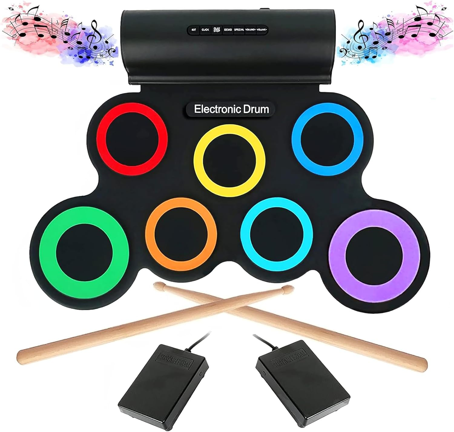Electronic Drum Set, 7 Practice Drum Pads,Roll-Up Rechargeable Drum Set with Pedals,Sticks,Built-In Speaker/Headphone Jack, Rainbow Color image number 6