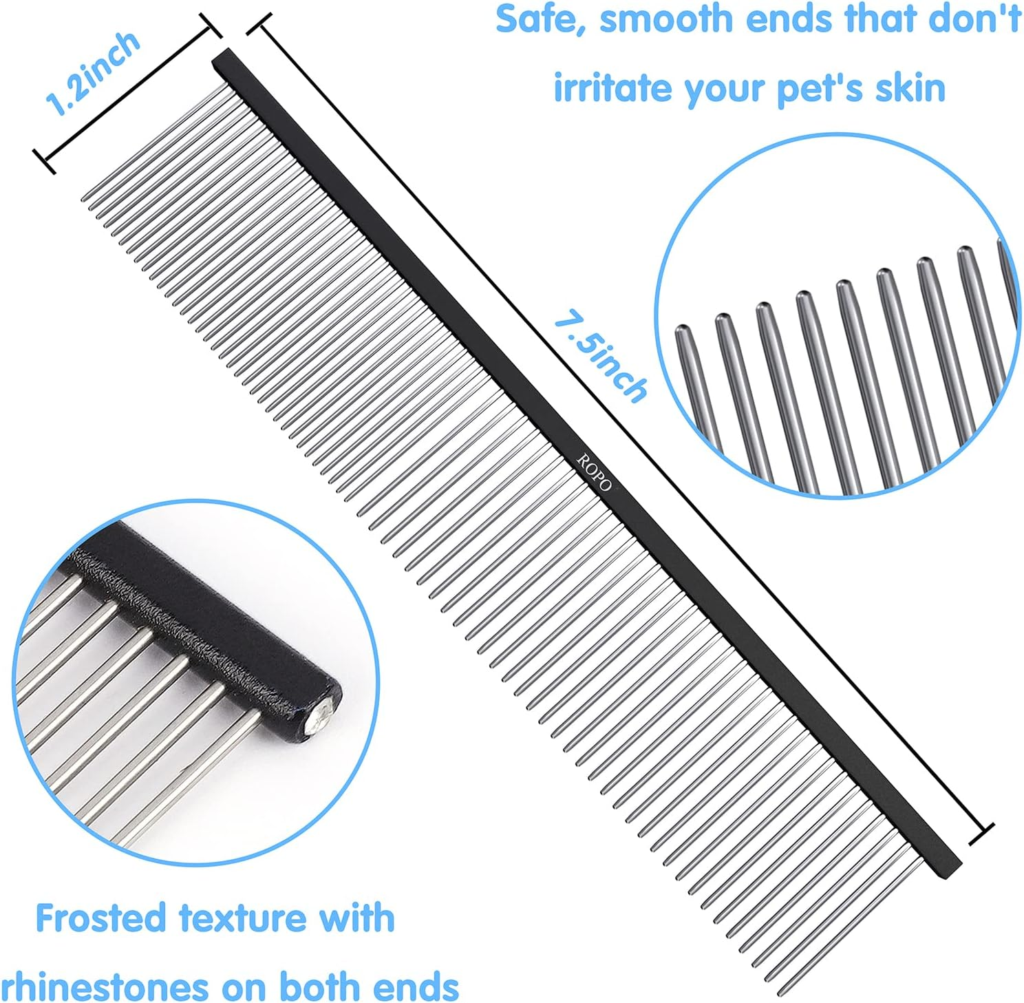ROPO Pet Steel Combs Dog Cat Comb Tool for Removing Matted Fur - Pet Dematting Comb with Rounded Teeth and Non-Slip Grip Handle - Prevents Knots and Mats for Long and Short Haired Pets