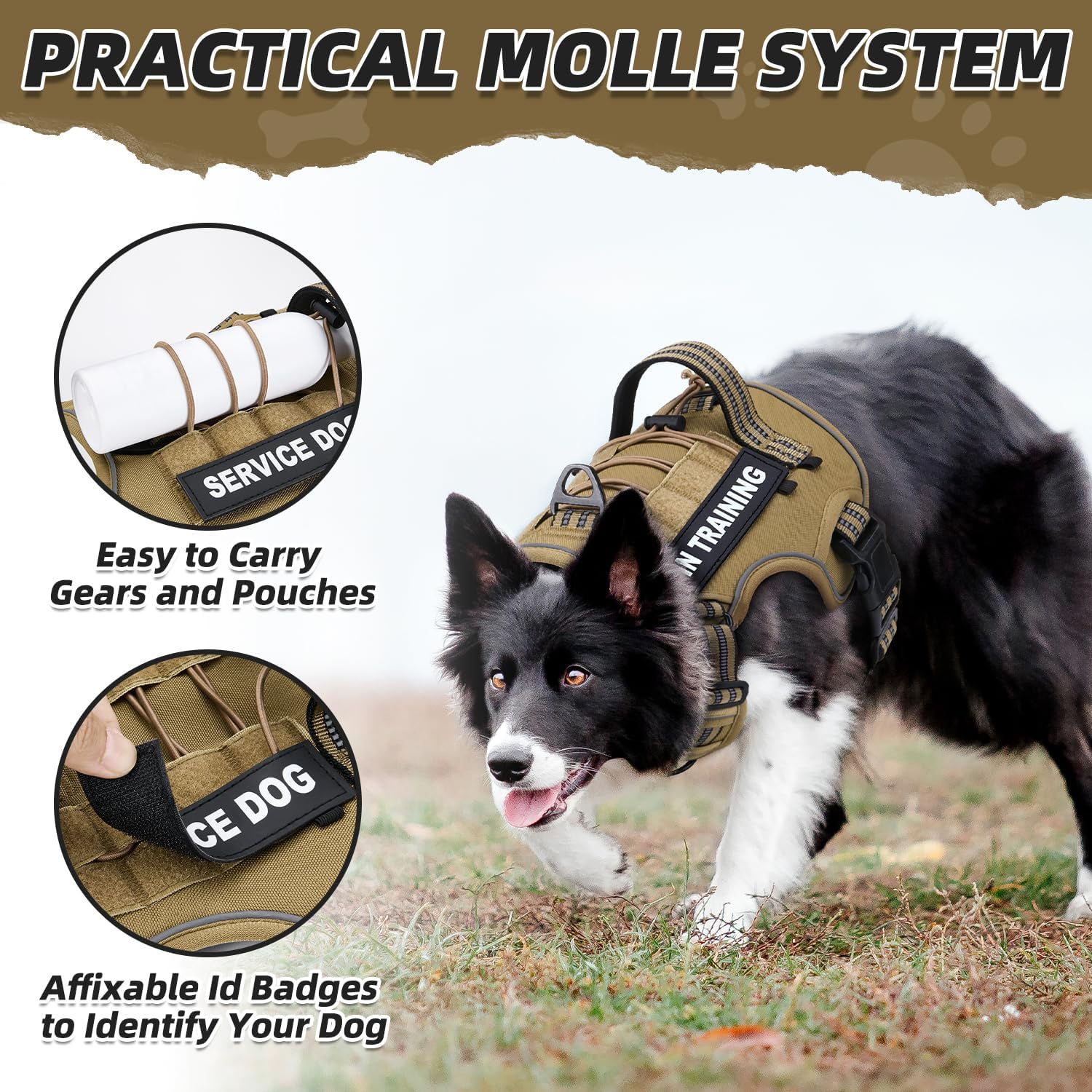 Slowton No Pull Tactical Dog Harness, Adjustable Dog Vest with 3 Buckles, 2 D-Rings & Padded Handle, Easy to Put On, Reflective Pet Harness with Molle System for Dogs Outdoor Walking Training