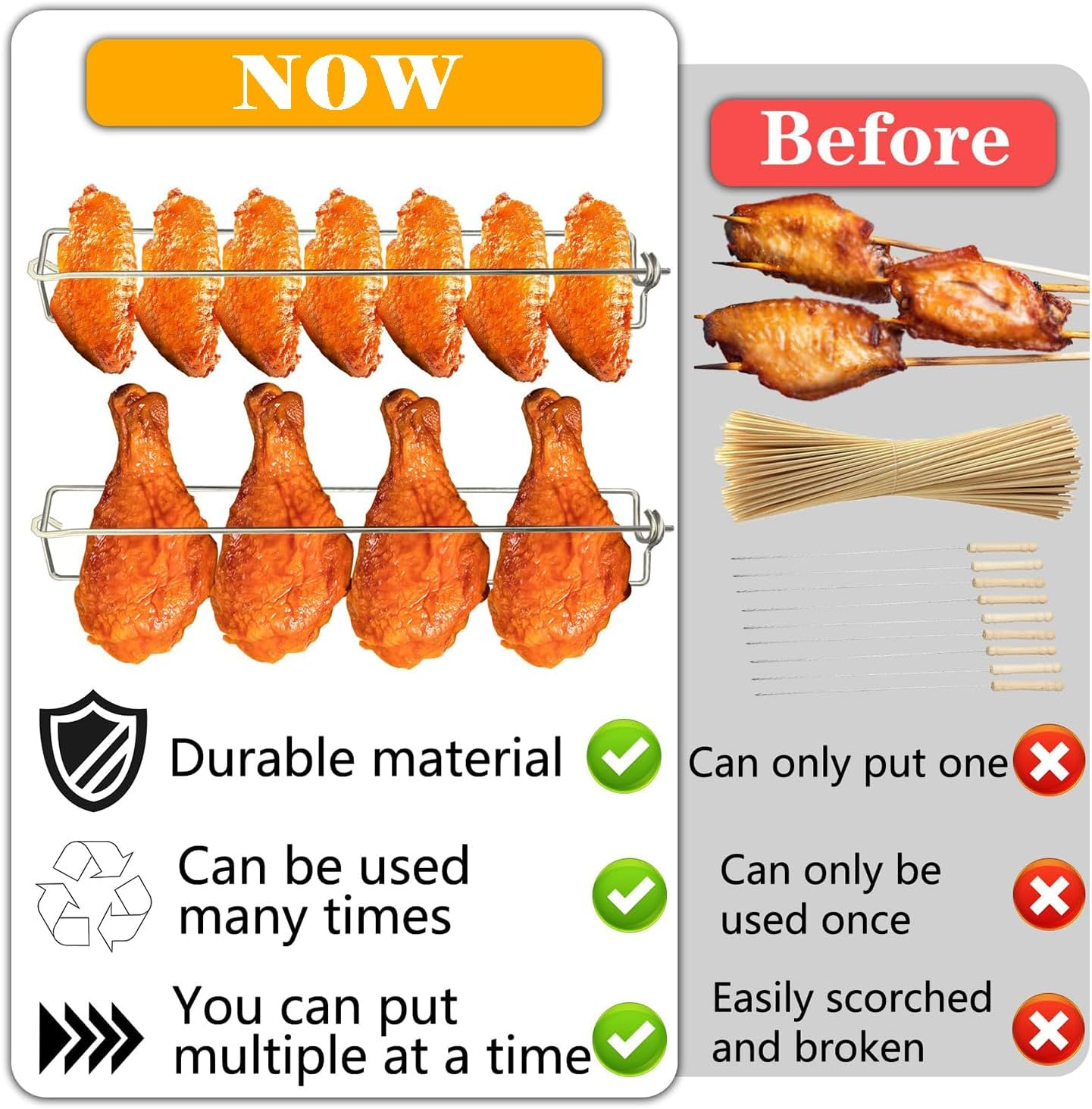 4 Pcs Flat Chicken Wing BBQ Fork, Chicken Wing Holder for Grill, Wing Rails for Chicken, Clamping Wing Rails, Stainless Steel Chicken Wings Grilling Rails, Comes with 2 Silicone Oil Brushes image number 4