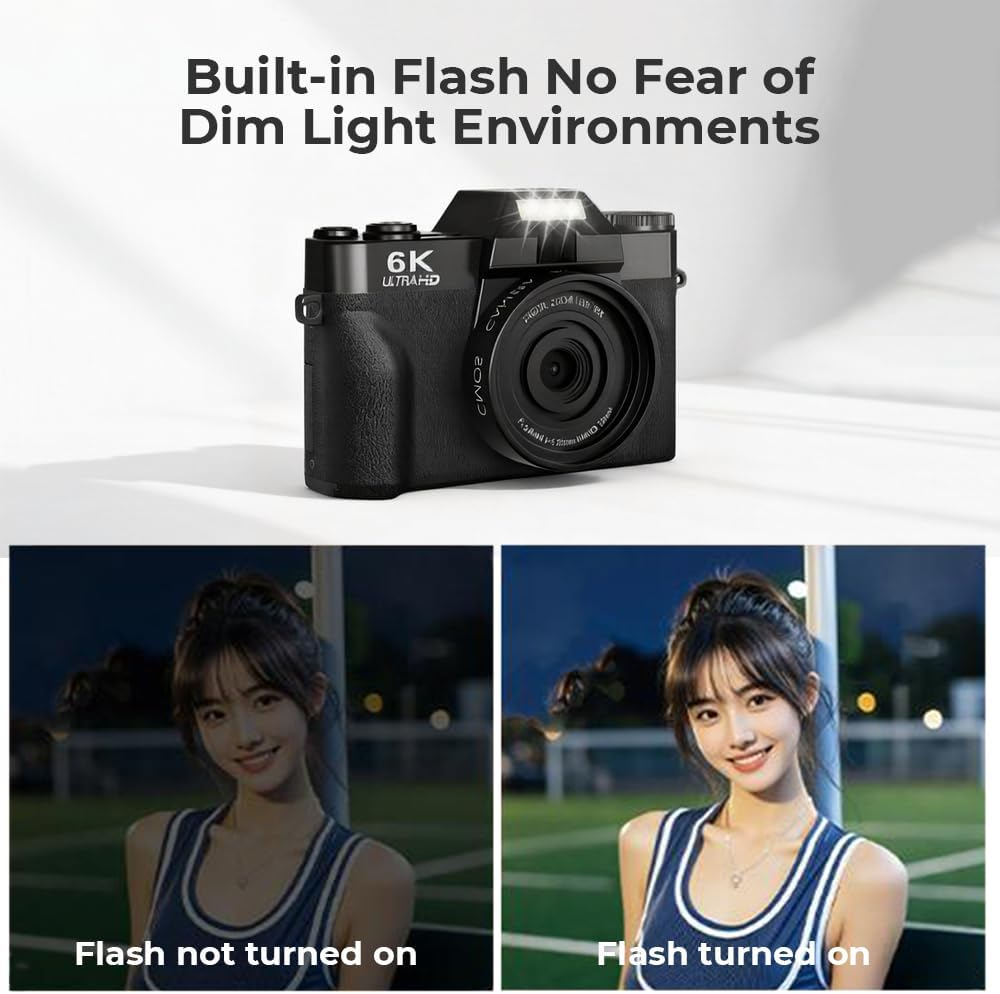 6K 64MP Digital Camera for Photography & Youtube Vlogging, 3" 180&deg; Flip Screen, 16X Zoom Autofocus, Wifi, with Wide-Angle Lens,64Gb TF Card, 2 Batteries, Charger, Reader & Flash image number 6