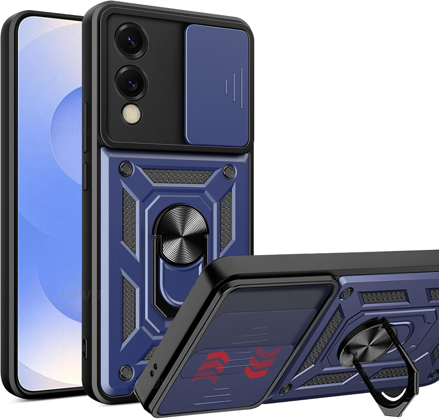 ESHUYI&reg; Case for Samsung Galaxy S25 Edge with Slide Camera Cover, Military Grade Shockproof Protective Cover with Rotatable Metal Ring Kickstand [Support Magnetic Car Mount], Red