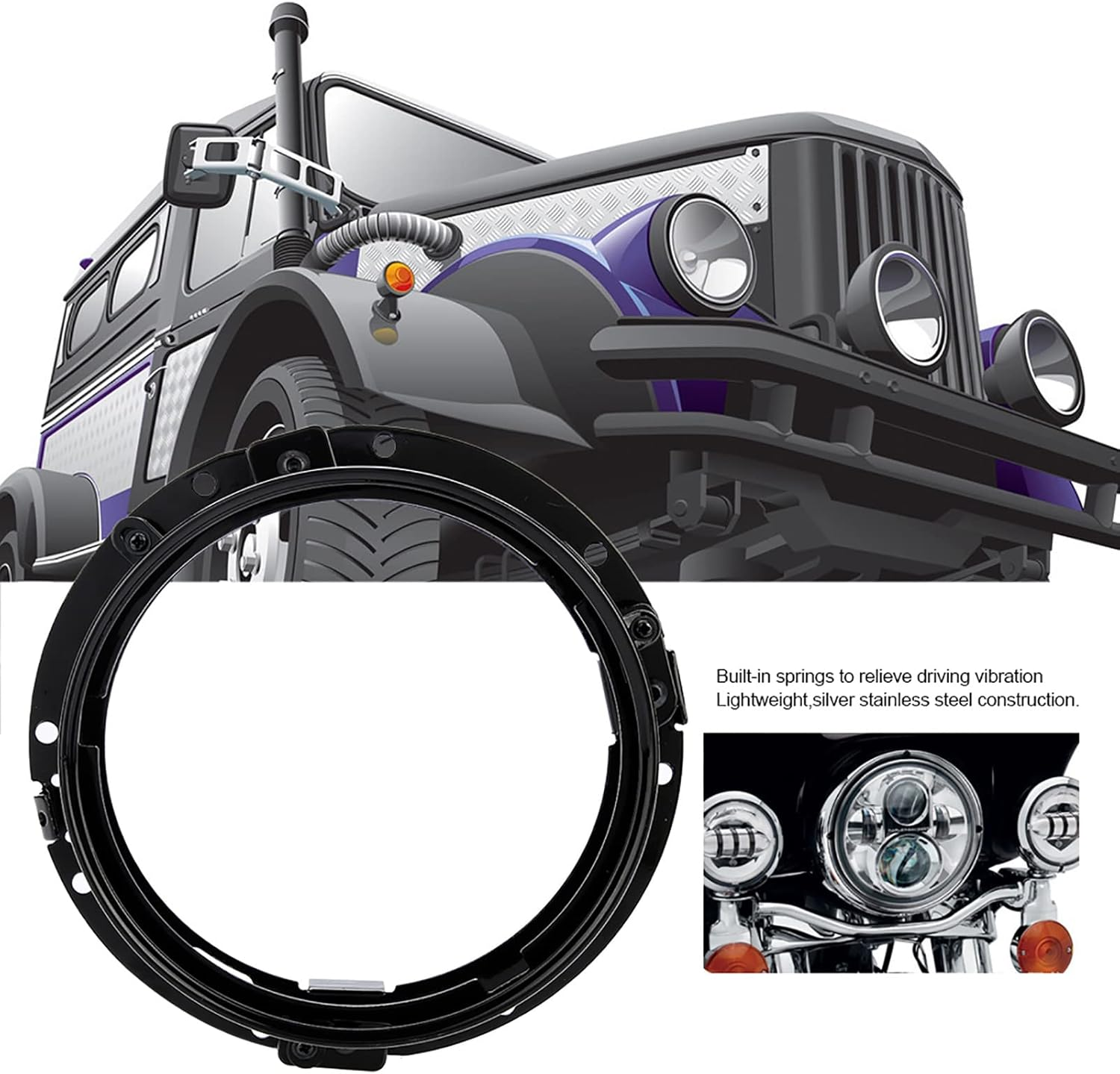 Headlight Mounting Brackets, 7 Inch Car Headlight round Ring Mounting Bracket Headlight Trim Ring Compatible with Wrangler(Black) image number 2