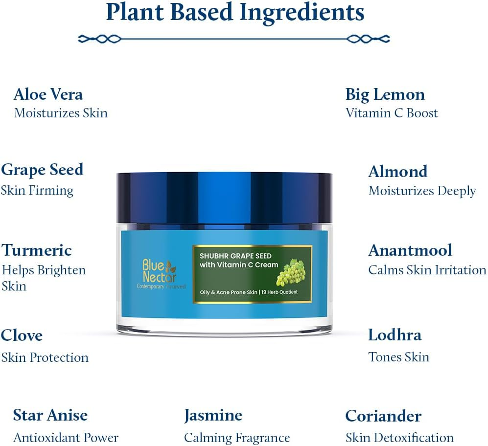 Blue Nectar Vitamin C Face Moisturizer for Oily & Acne Prone Skin with Grapeseed | Oil-Free | Lightweight Cream for Women (19 Herbs, 50G) image number 5