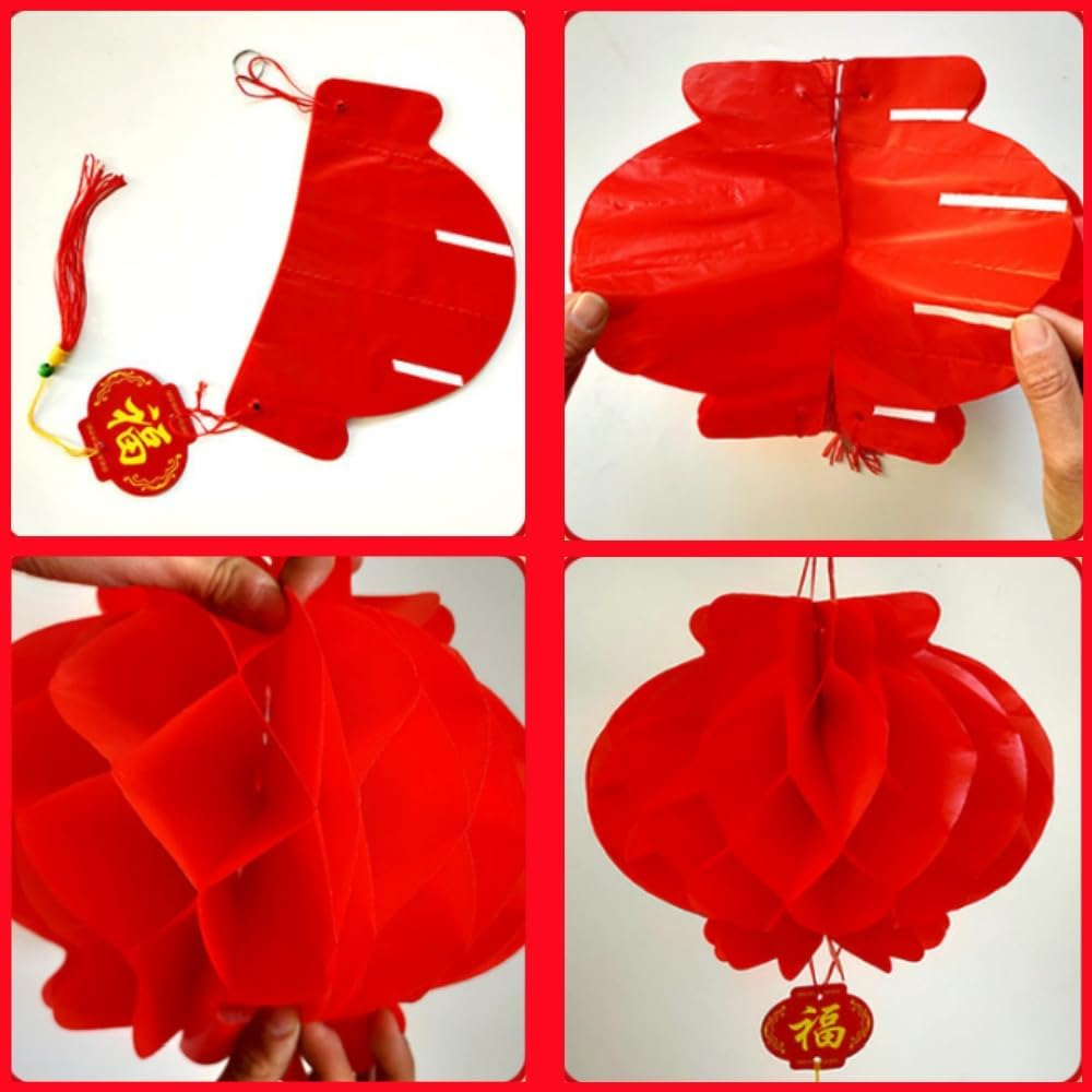 Lucky Red Chinese Lanterns, 20 Pack Honeycomb Balls Decoration Waterproof Plastic Paper Lantern Hanging Lanterns for Chinese Spring Festival Wedding Festive Decorations 10 Inch image number 5