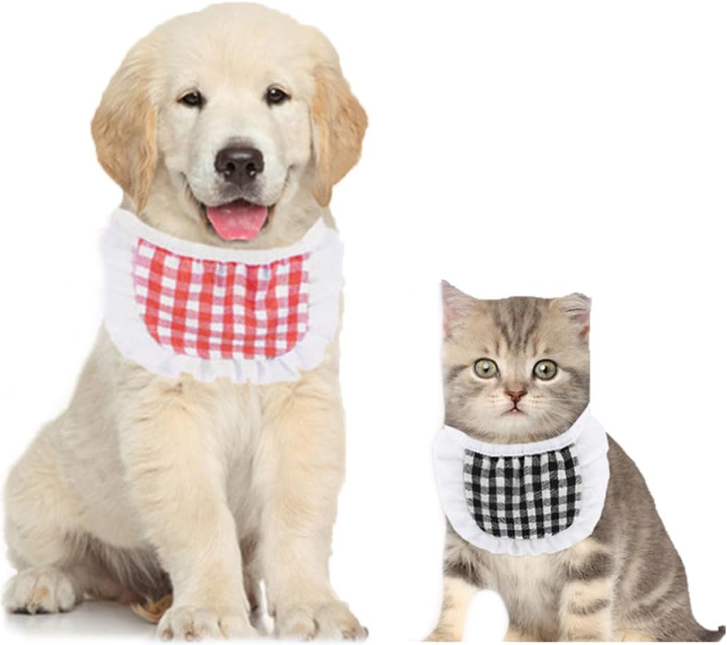 Jovono 2 X Pet Bibs Collar Bandana Set Dogs Cats Adjustable Plaid Triangle Accessories for Small Medium Dogs Cats Puppy Pets