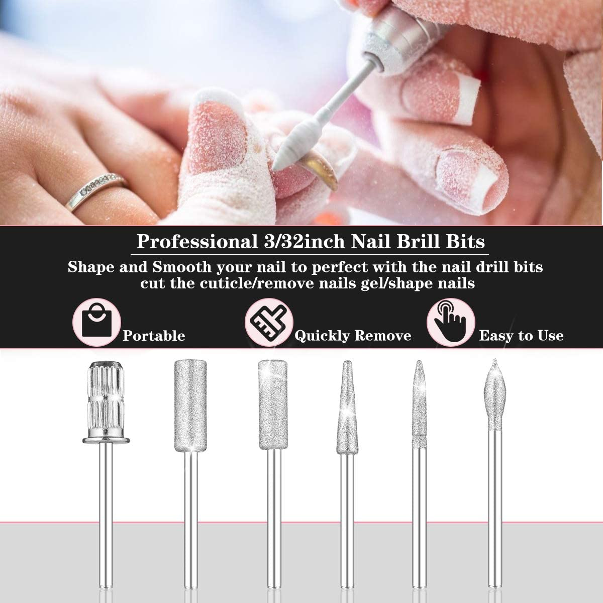 Subay Professional Nail Drill Bits Set 6PCS 3/32Inch, Sanding Bands 300PCS #80#120#180 for Acrylic, Gel Nails, Dip Powder Nails and Manicure Pedicure image number 2