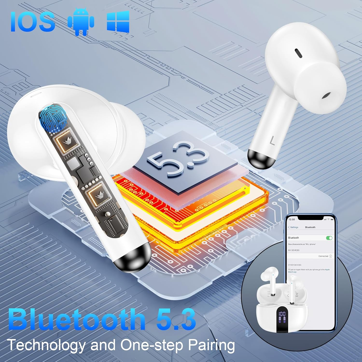 Vifigen S56 Wireless Bluetooth 5.3 in Ear Headphones, 60H Playtime, LED Display, Noise Cancelling, IPX7 Waterproof, Auto Pairing, White image number 3