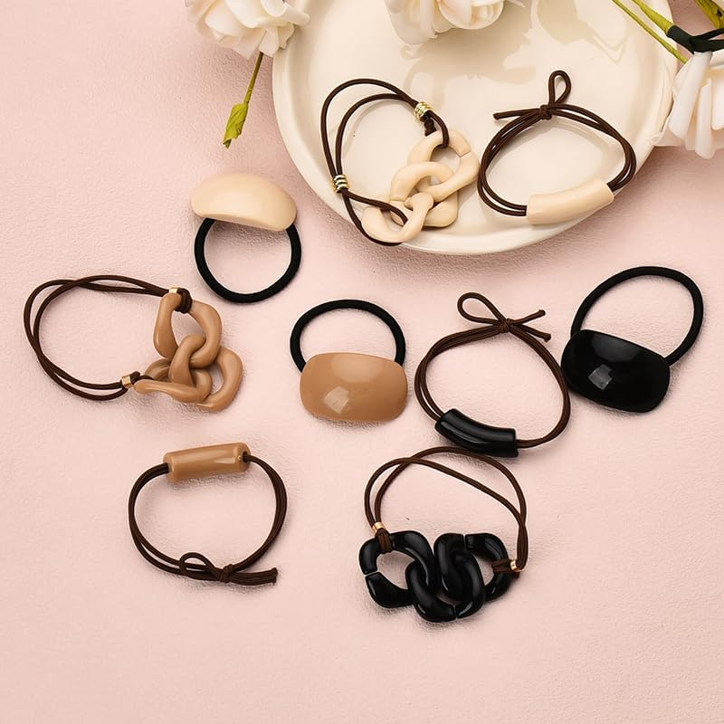 9 PCS Acrylic Ponytail Hair Cuff Geometric Hair Ties Wrap for Women Girls Geometric Hair Elastics Ties Arch Ponytail Ring Set for Long Thick Hair Ropes Ponytail Cuff Set for Women image number 4