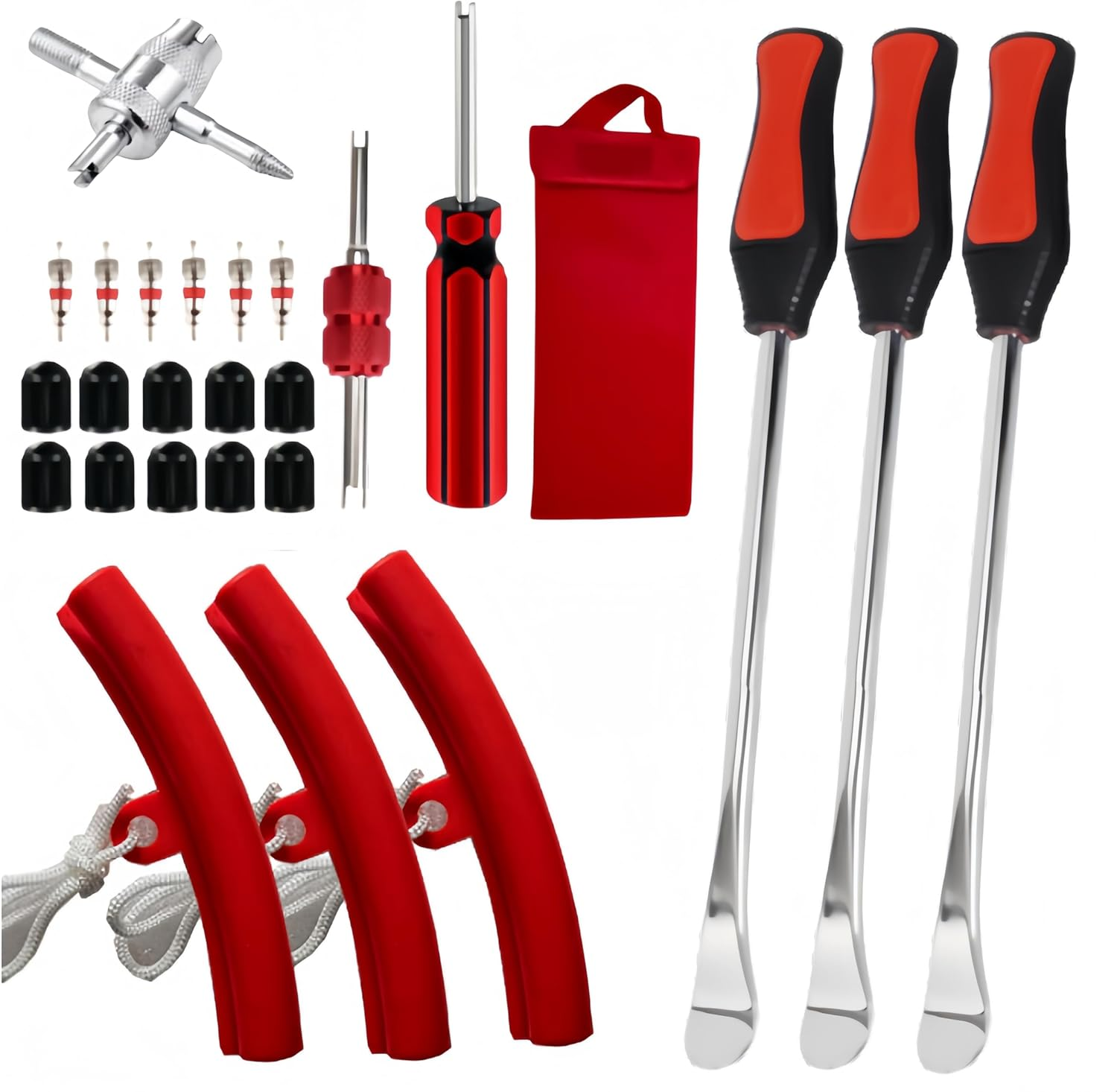 Ai-Oumleef Tire Spoon Lever, Tyre Mounting,Steel Tire Spoons Tool Set for Bike and Motorcycle, 3 Tire Spoons, 3 Rim Protectors, Valve Tool, Motorcycle Bike Tire Lever, Valve Cores