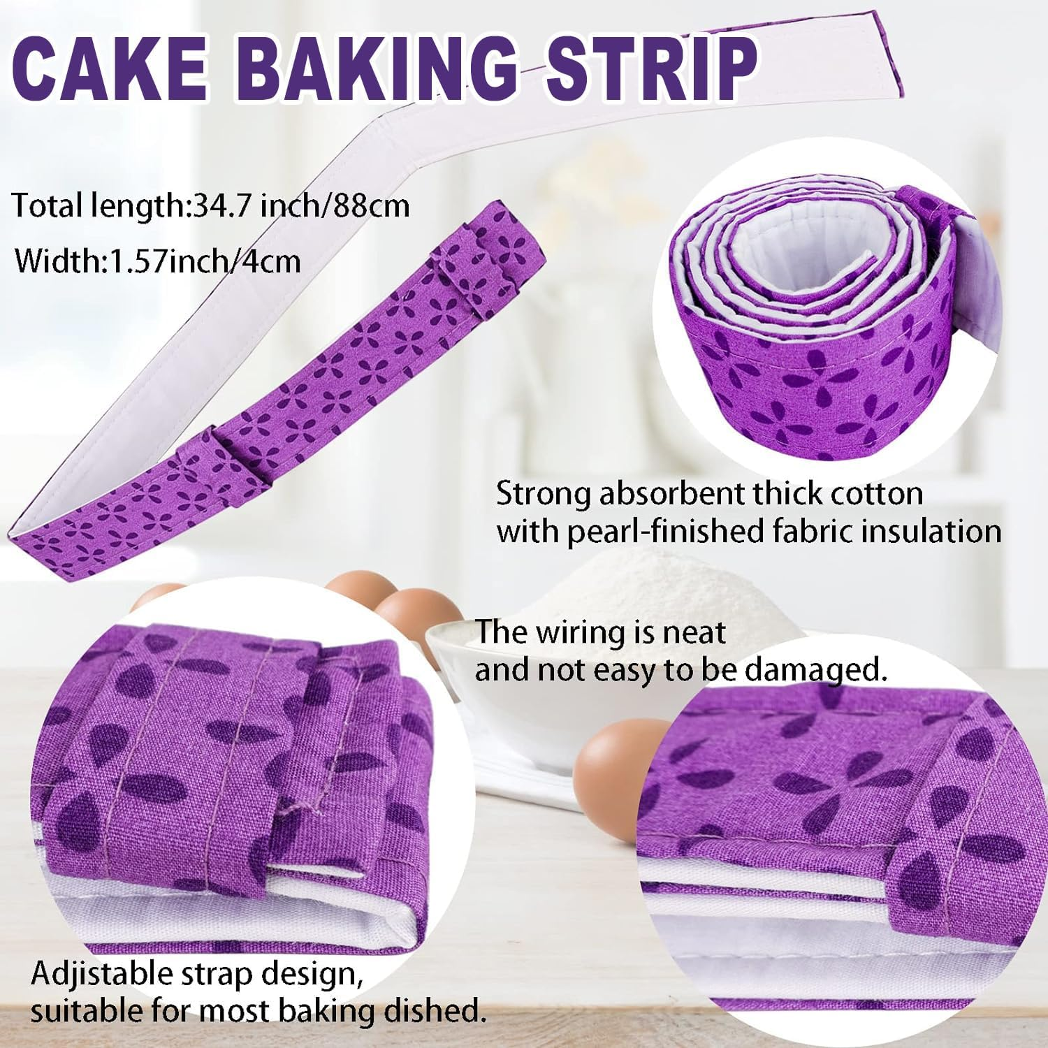 Wzenclave 4Pcs Bake Even Strip Cake Pan Strips Adjustable Baking Tray Protection Straps for Home Kitchen Baking Supplies Absorbent Keep Cakes More Level and Prevents Crowning with Cleaner Edges image number 3