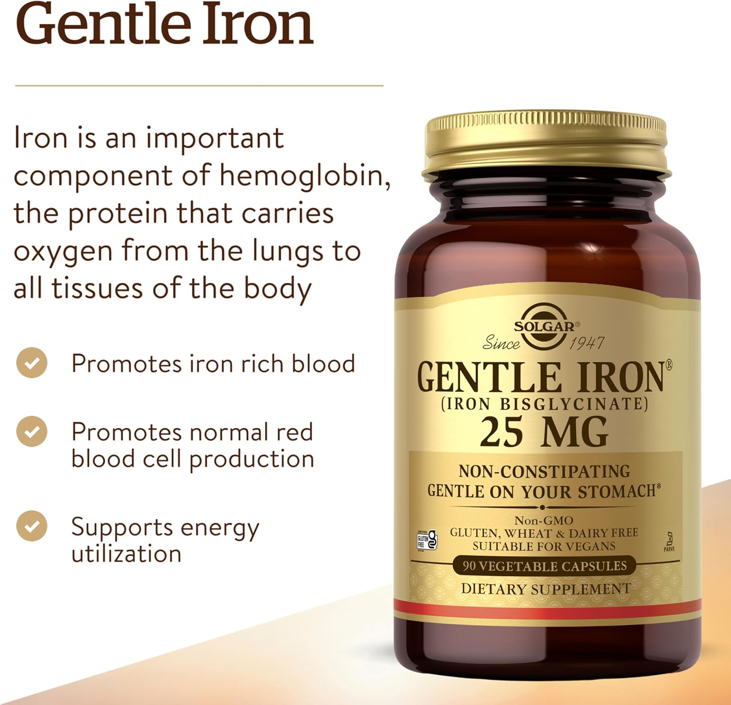 Solgar Gentle Iron 25Mg, 90 Vegetable Capsules - Energy, Normal Red Blood Cell Production - Gentle on the Stomach - Non-Gmo, Vegan, Gluten Free, Dairy Free, Kosher, Halal - 90 Servings image number 1