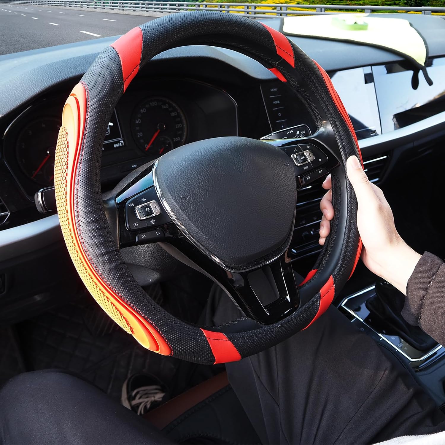 Nappa Leather Car Steering Wheel Cover, anti Slip, Thin, Breathable, Odor-Free, Universal 14.5-15 Inches Fit, Car Steering Wheel Cover Full Surround Aeecssories (Red-Microfiber Leather) image number 4