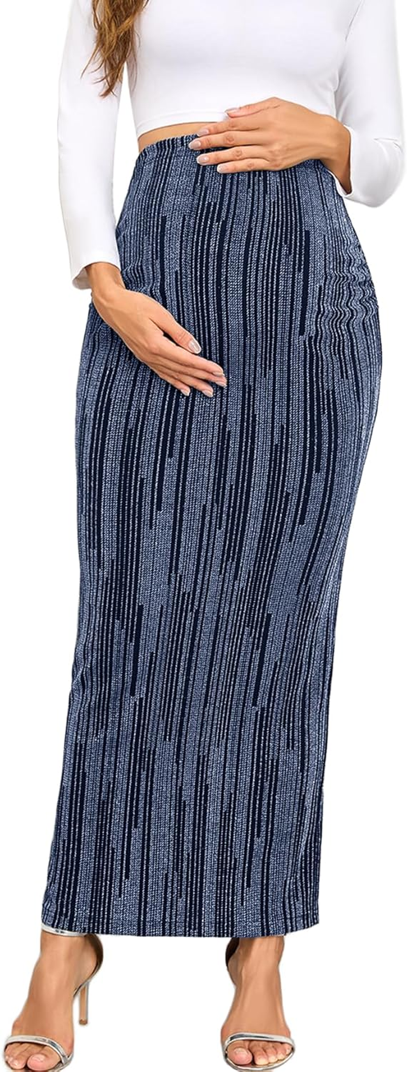 Maternity Sparkly Adjustable Waist Maxi Skirt over the Belly Stretchy Pregnancy Long Pencil Skirts