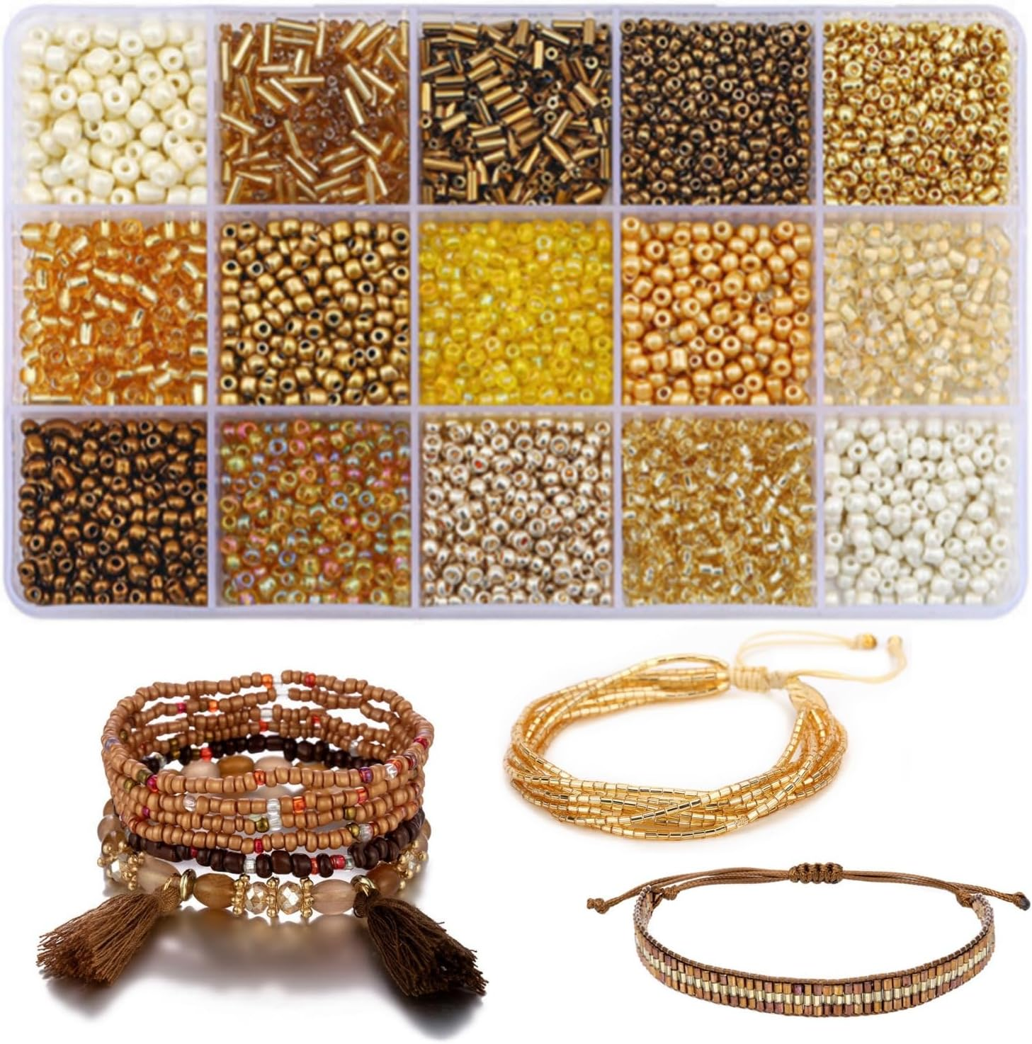 15 Color 4Mm Small Assorted Glass Seed Beads,3Mm Bugle Beads Friendship Bracelet Kit,2Mm Tiny Tube Beads for Jewelry Making(Black Bead)