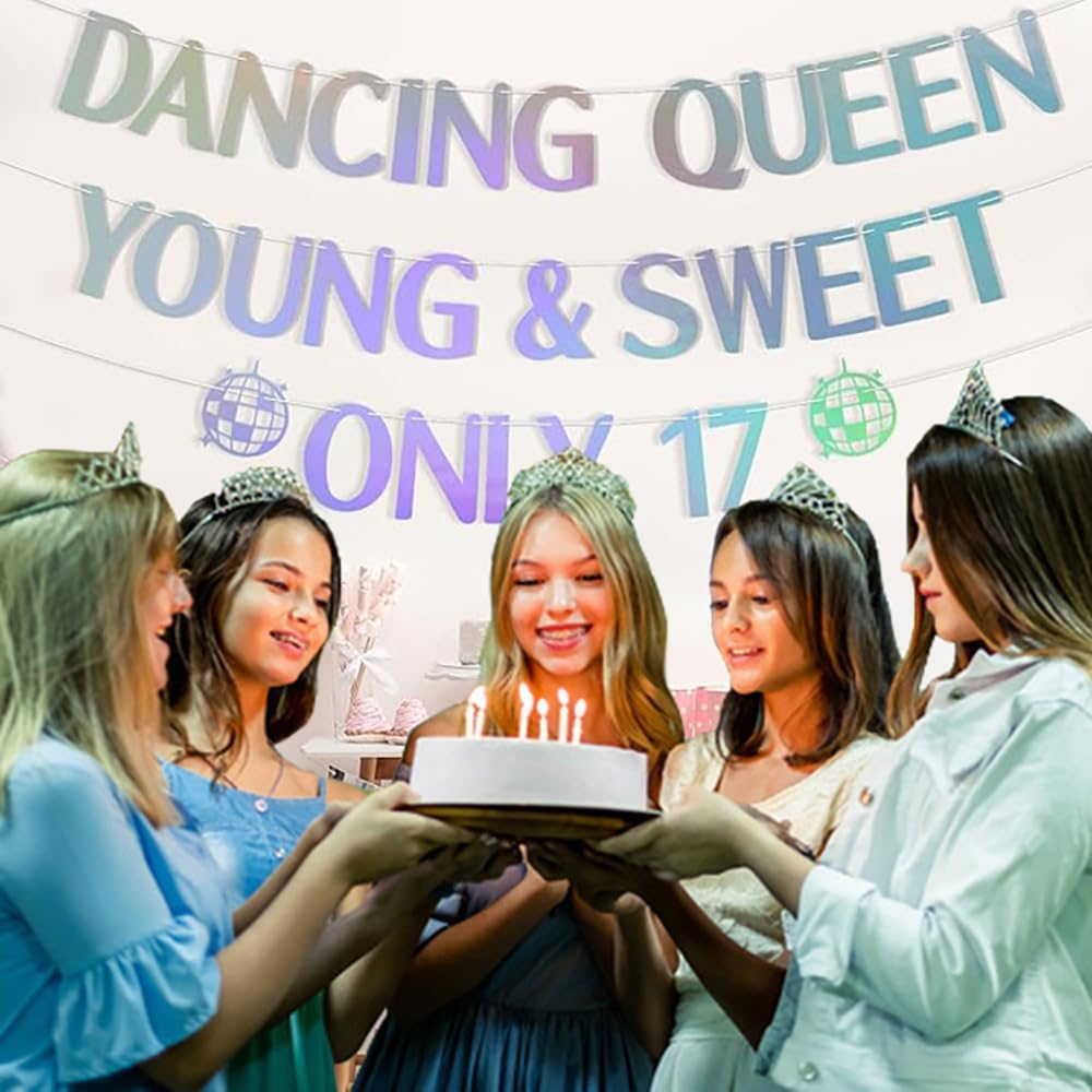 Dancing Queen Young & Sweet Only 17 Banner,Happy 17Th Birthday Party Decor for Girls, Cheers to 17 Years Party Decorations Supplies Holographic
