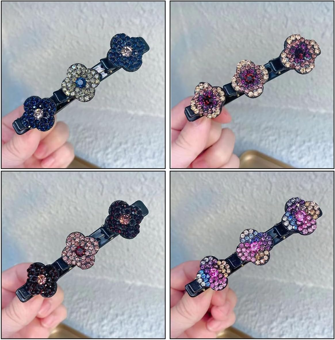 Pack of 4 Glittering Crystal Stone Braided Hair Clips, Hair Clips with Three Flowers, Fringe Clips, Hummingbird Hair Clip with Crystal Flower, Elegant Hair Styling Clips, Shiny Rhinestone Hair Clip image number 2