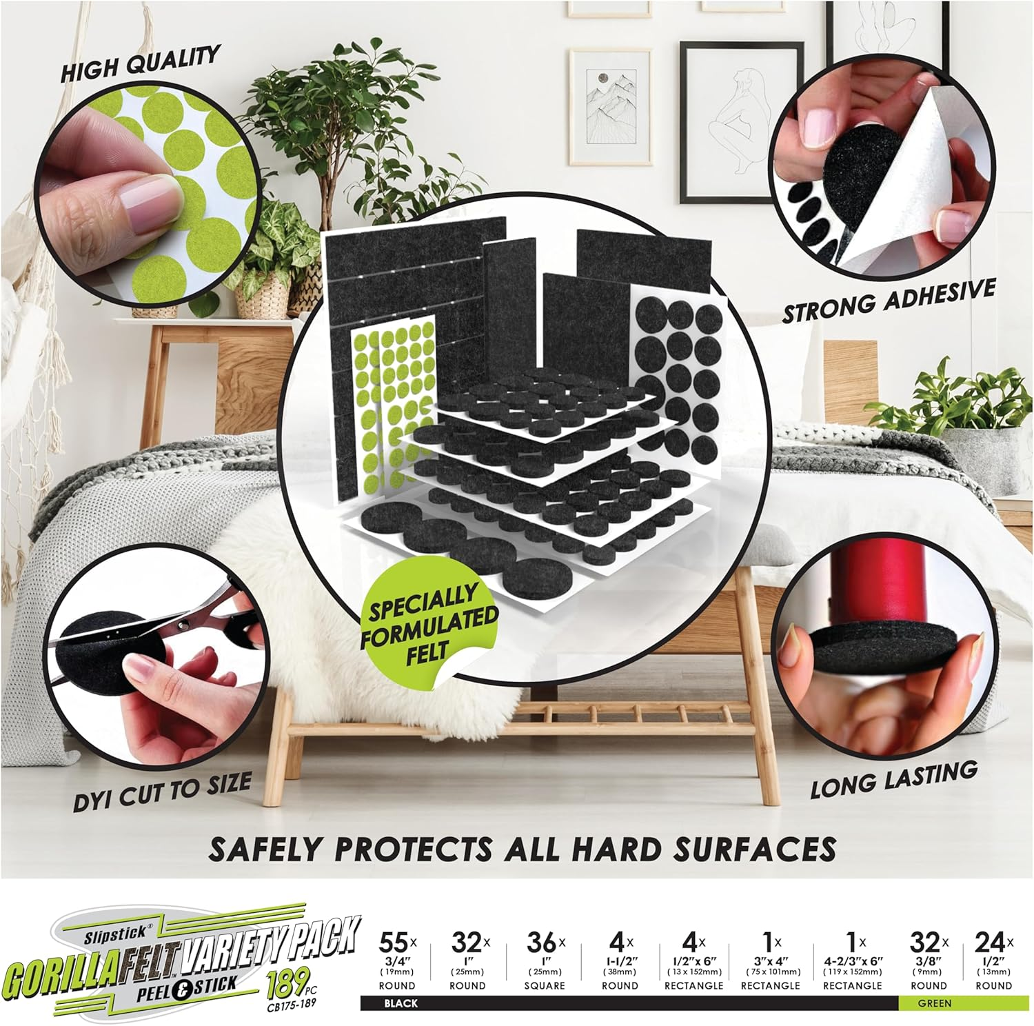 Slipstick Gorilla Felt Furniture Pads (189 Piece Variety Pack) Premium Furniture Pads & Chair Leg Floor Protectors for Hardwood Floors & Hard Surfaces image number 2