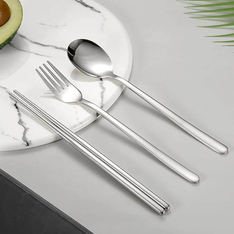 3 Set Portable Cutlery Set with Case Include Fork Spoon Chopsticks, Portable Travel Utensil Set, Reusable Stainless Steel Camping Utensils Set, Lunch Cutlery Set for Work School (Silver) image number 4