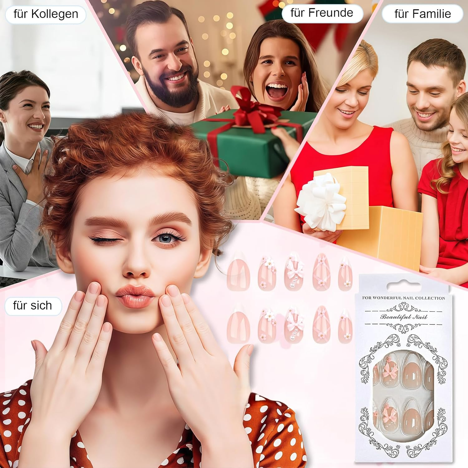 Virellay Almond Fake Nails, Artificial Fingernails, Press on Nails Almond (Pink Bow Flower French, 24 Pieces) image number 2