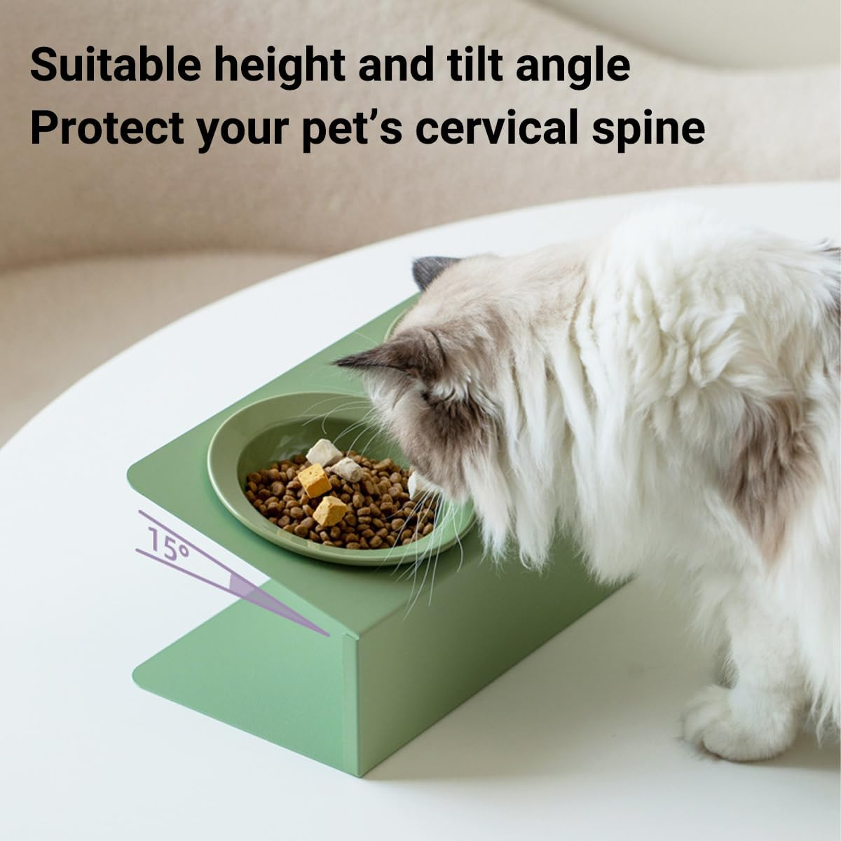 AIMALL Ceramic Double Cat Bowl with Adjustable Tilt, Elevated Pet Feeder for Cats and Small Dogs, Anti-Knock Food and Water Bowls, 12.4 X 6.18 Inches, Pink or Green - Green image number 2