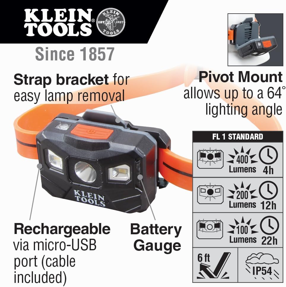 Klein Tools A-56064 400 Lumens Rechargeable Auto-Off LED Headlamp with Silicone Strap, Orange/Black image number 3