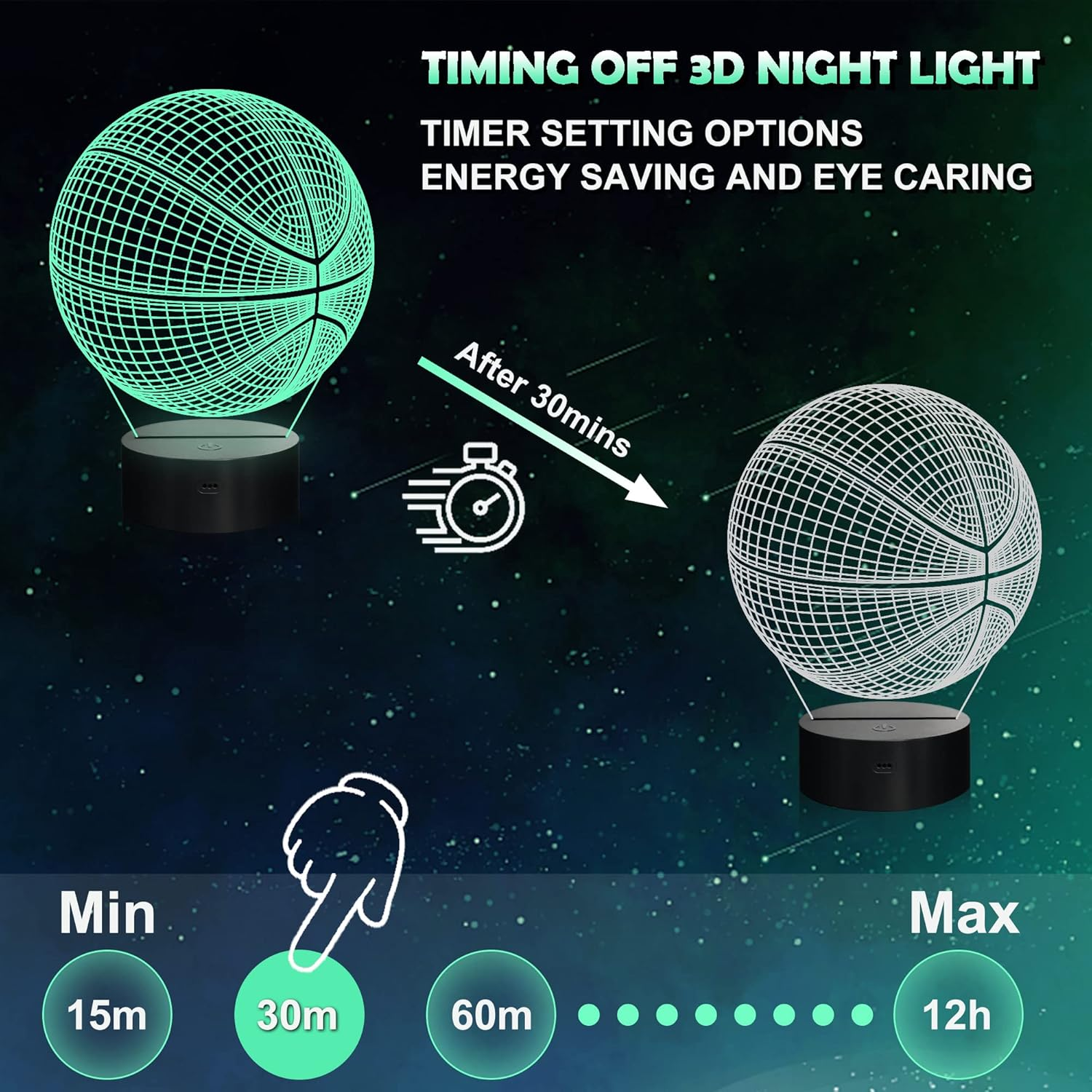 Basketball Night Light, Ammonite 3D Illusion Lamp 16 Colors Changing with Remote & Timer Boys Room Decor for Basketball Lovers Kids Boys Men image number 1