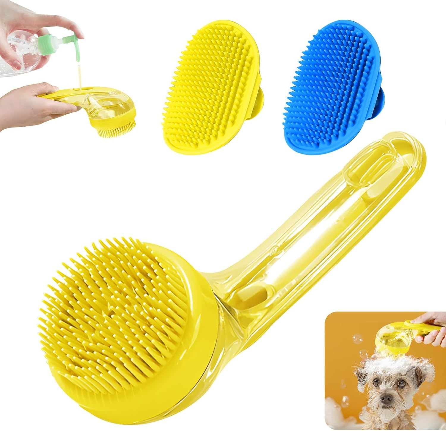 2Pcs Dog Bath Brush Set - Shampoo Brush & Bubble Maker with Adjustable Handle, Paw Washer & Massage Grooming Tool for Short/Long Hair Dogs & Cats (Blue Blue)
