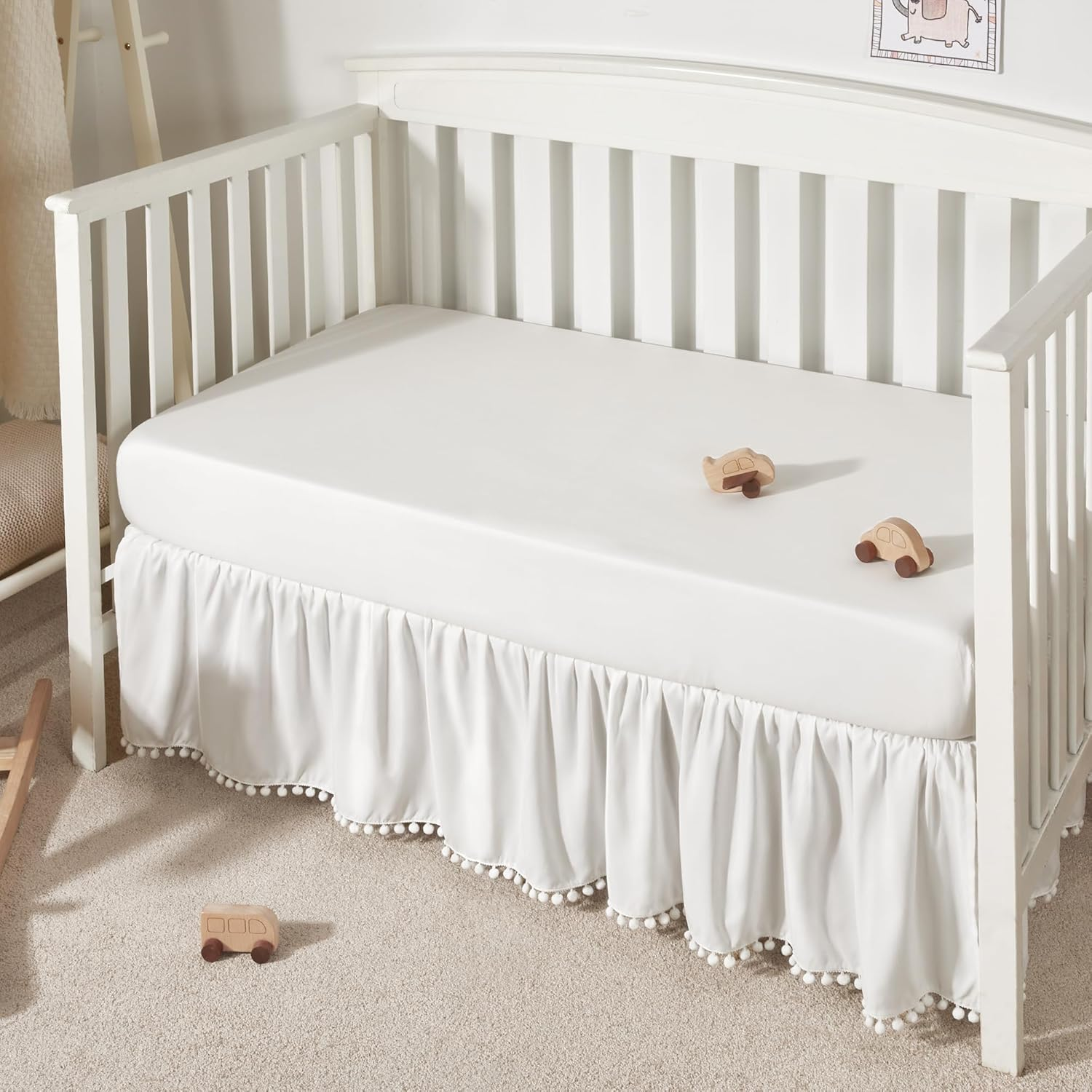 TILLYOU Baby Crib Skirt Girls Boys, Ruffled Bed Skirt with Pompoms, 28&rdquo;X 52&rdquo;, 14'' Drop, White image number 1