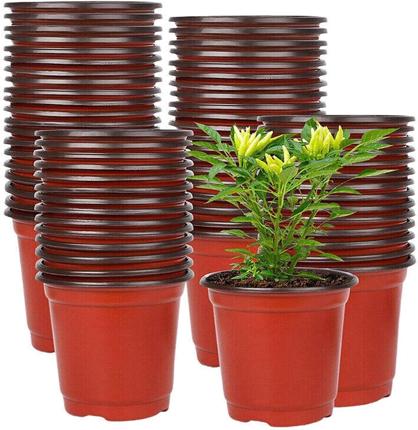 Leona Co 100 Packs Plastic Plants Nursery Pots, Flower Plant Growing Container Seed Starting Planter Flowerpot Bulk for Seedling Transplant Indoor Outdoor Supply, Garden Yard Park (12X8.2X10Cm)
