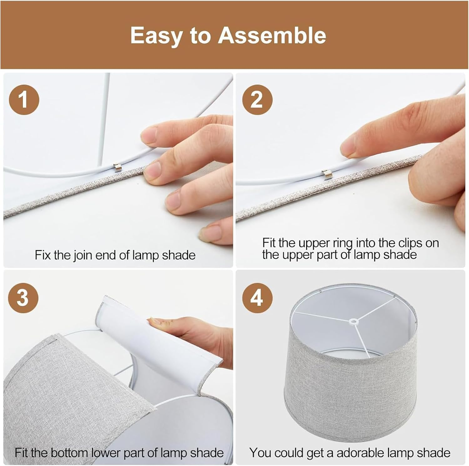 Fabric Lampshades Set of 2, Drum Lampshades for Table Lamps, Floor Lamps with 8 in Vertical Harp Support, Hand Crafted Replacement Lampshades (White) - Linen image number 7